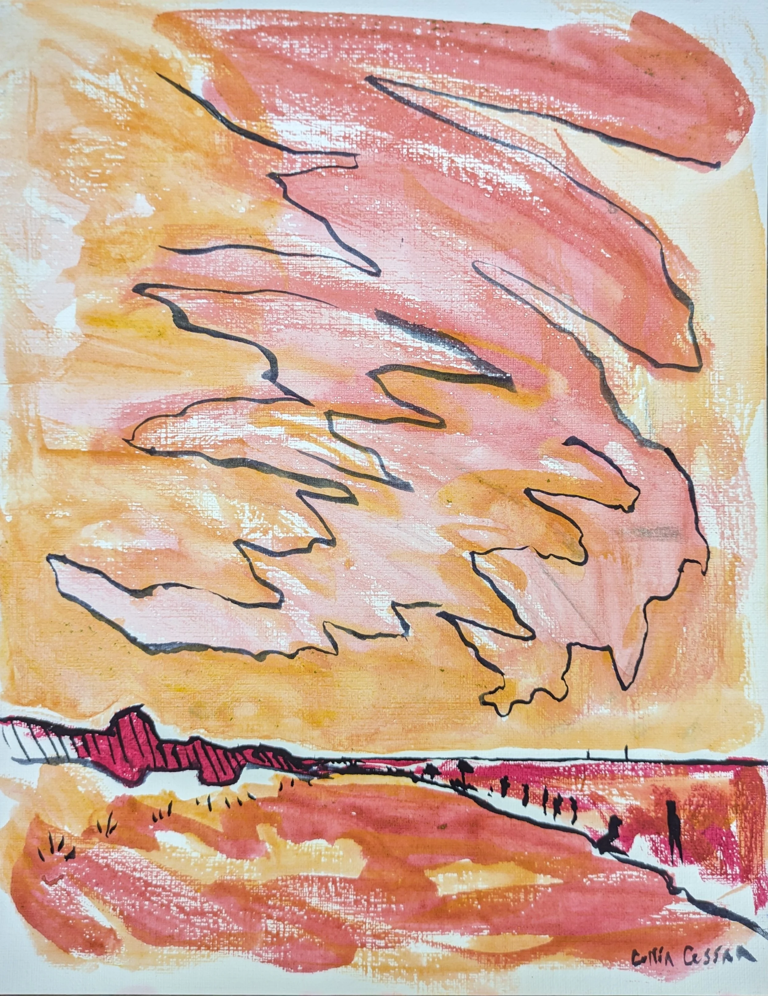 Abstract painting of a large leaf with pink, orange, and yellow hues, outlined in black, set against a loosely painted background of warm tones.