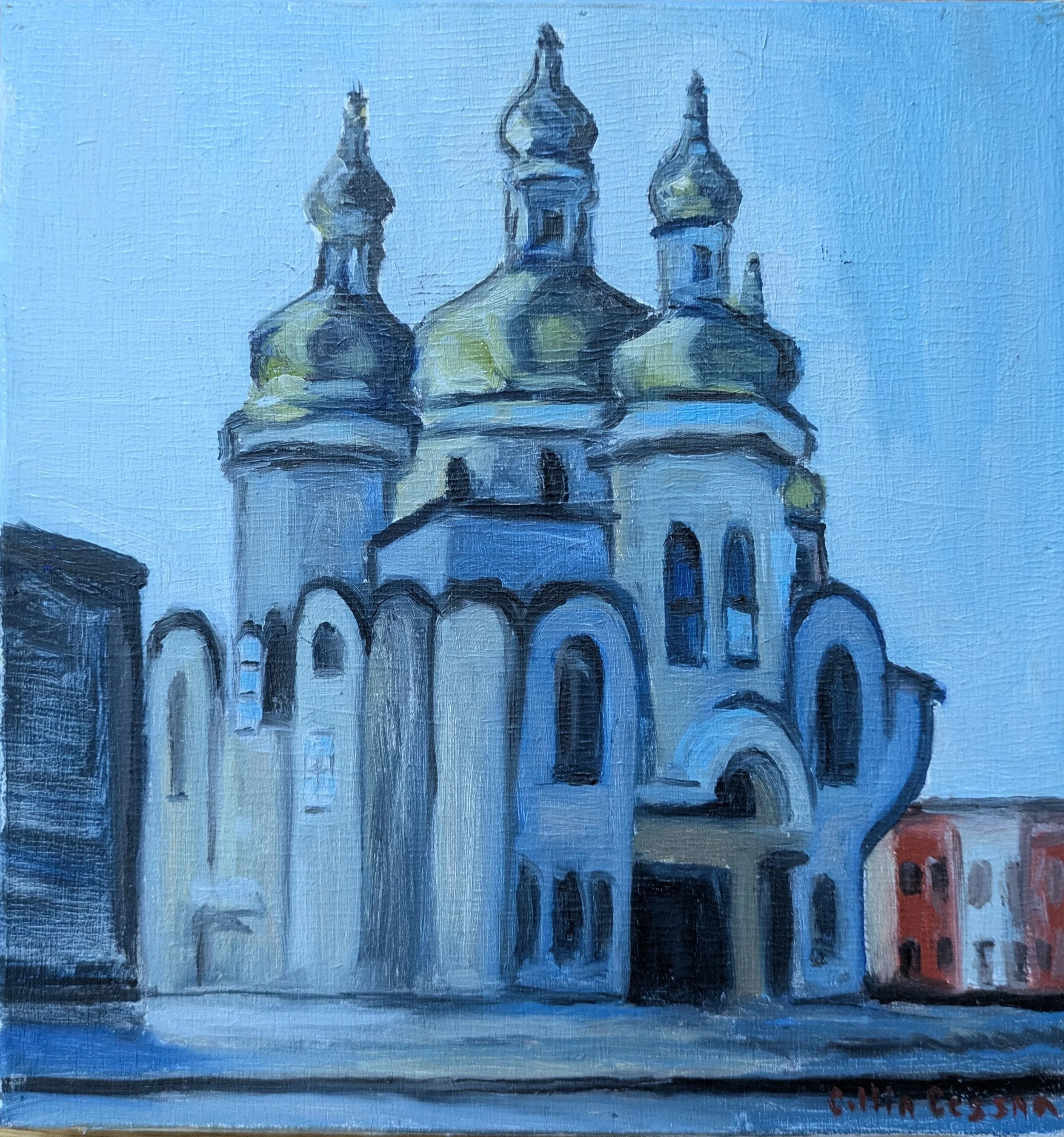 A painting of a church with multiple onion domes, possibly Ukrainian or Eastern European style, set against a clear blue sky.
