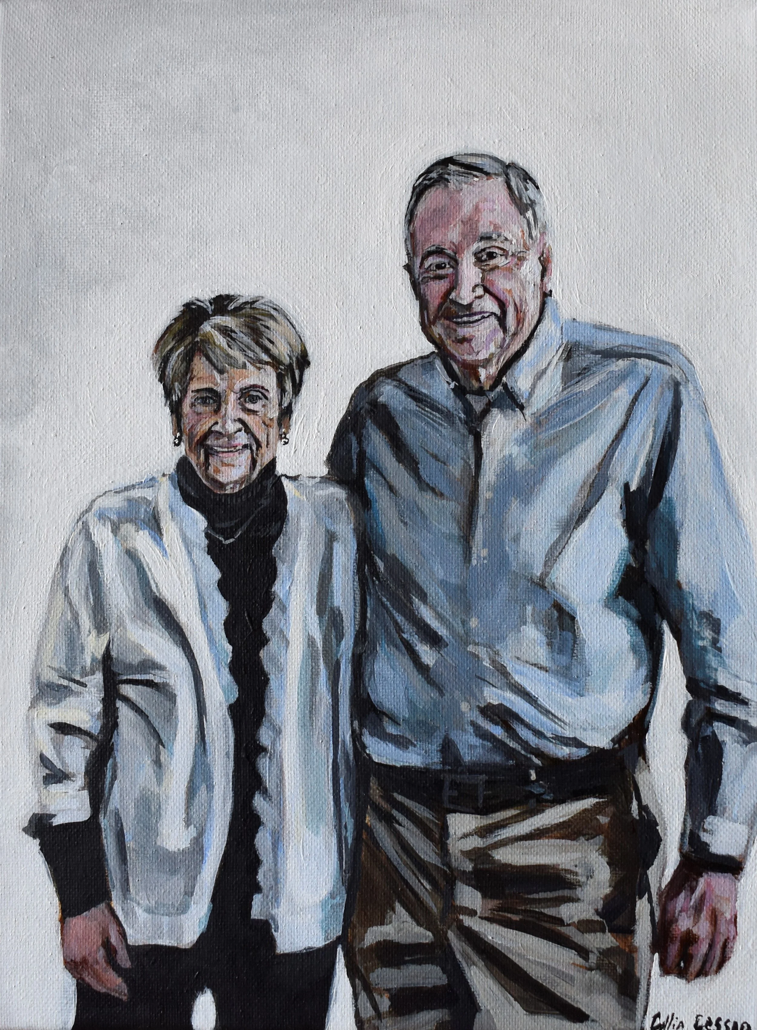 A painting of a woman and a man standing together, smiling, on a white background.