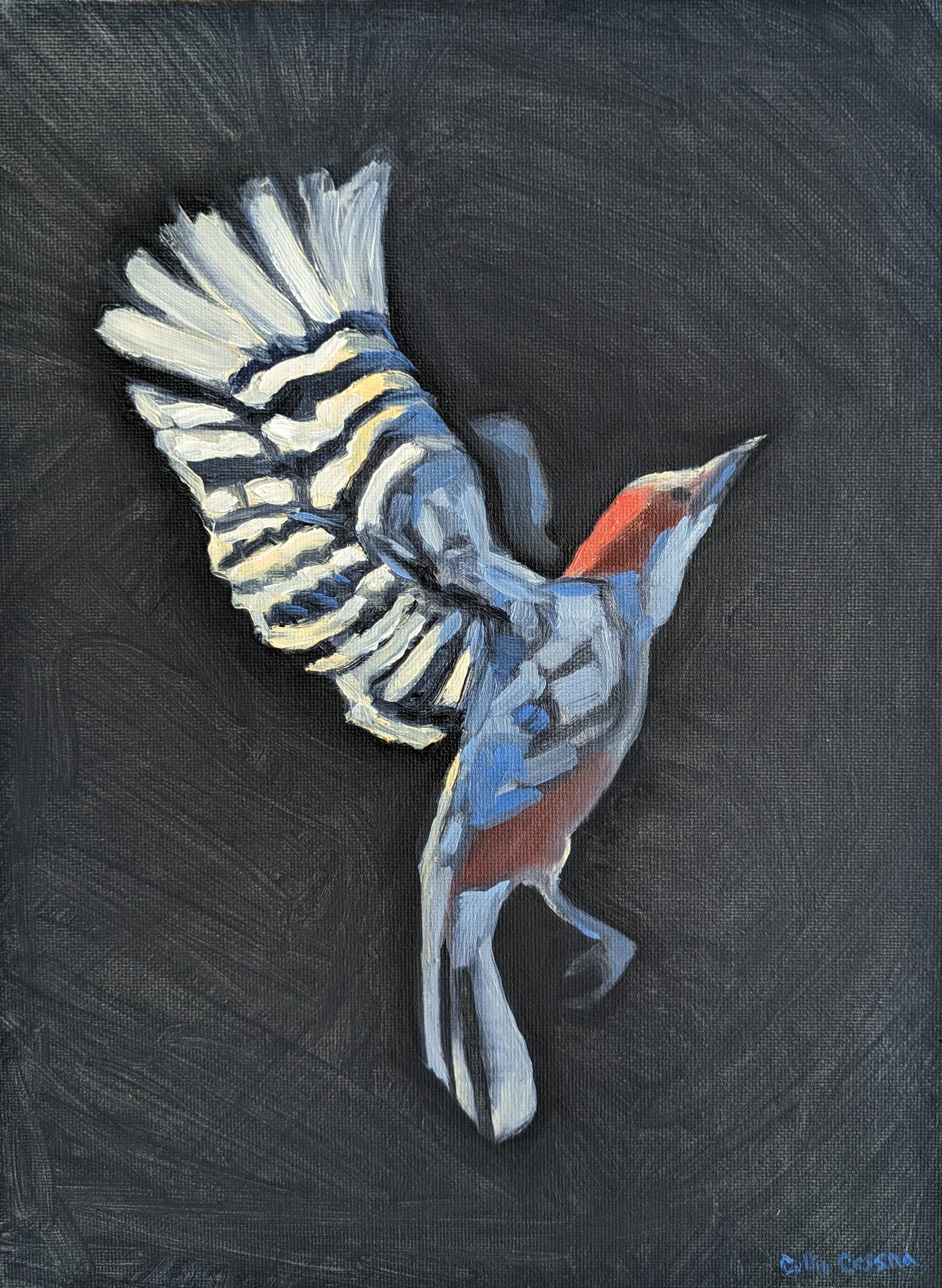 A painted image of a colorful bird, possibly a woodpecker, with a red face, white and black striped wings, and a mix of orange, gray, and blue on its body, set against a dark background.