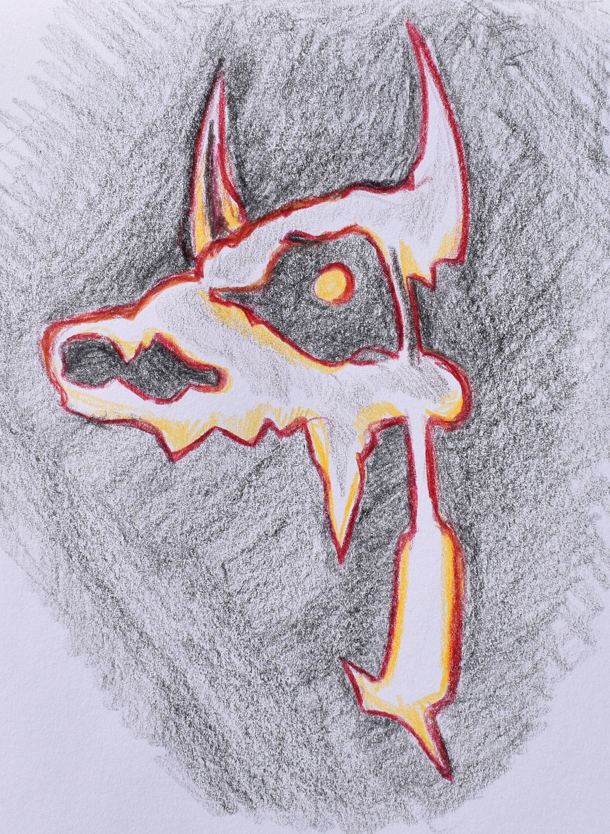 A drawing of a skull with flames and horns in red, yellow, and white on a dark, textured background.