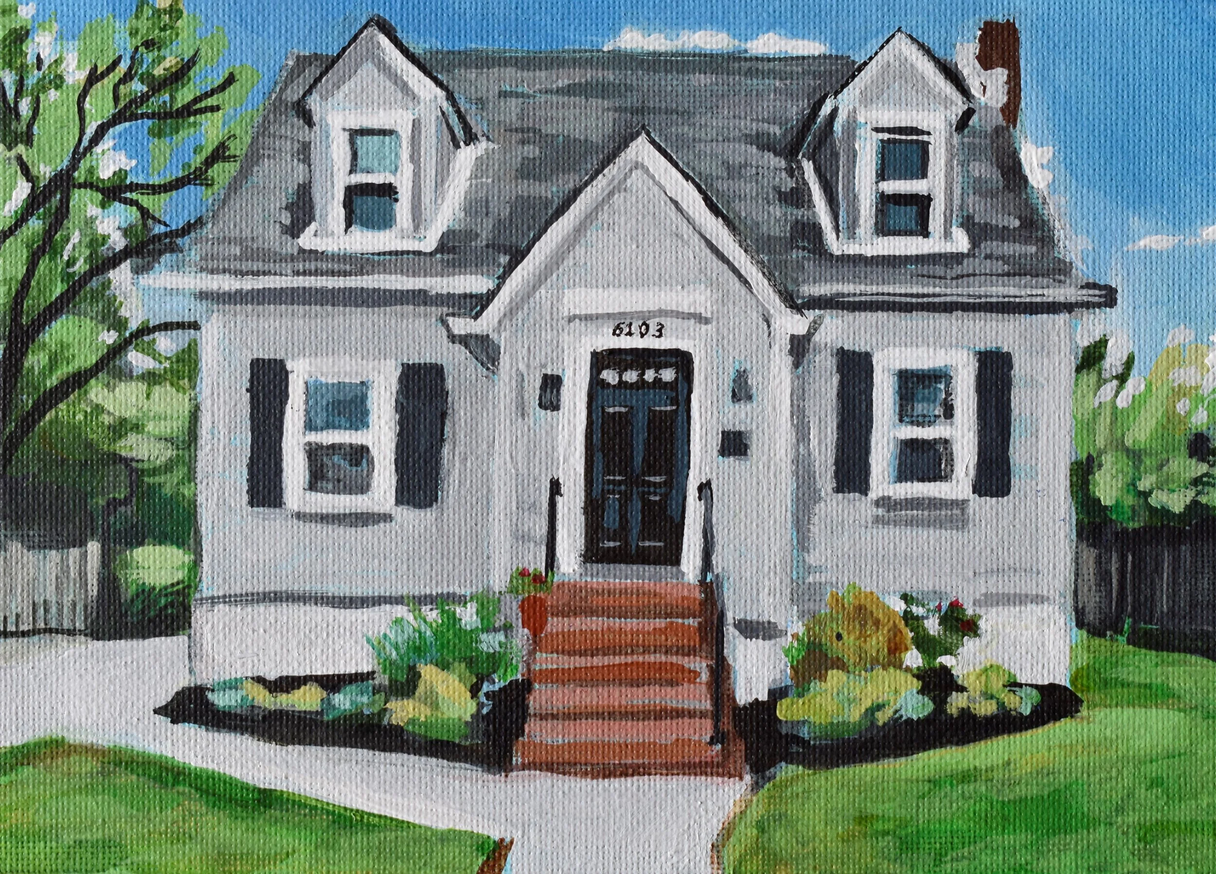 Painting of a white house with a black front door, two stories, and two dormer windows on the roof. The house has a flower garden with bushes and a tree on the left side. The sky is blue with some clouds.