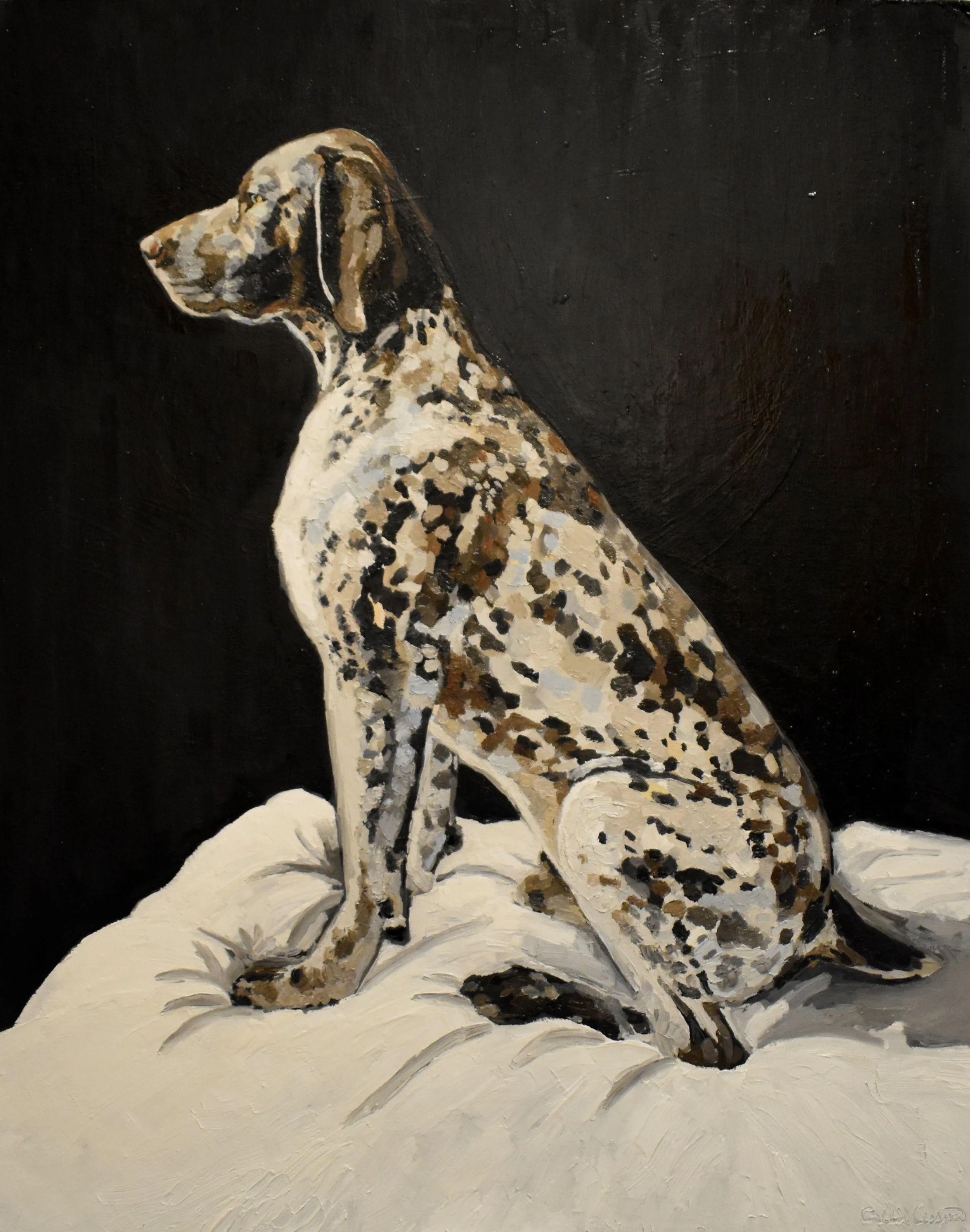 Painting of a Dalmatian dog sitting on a white cushion against a black background.