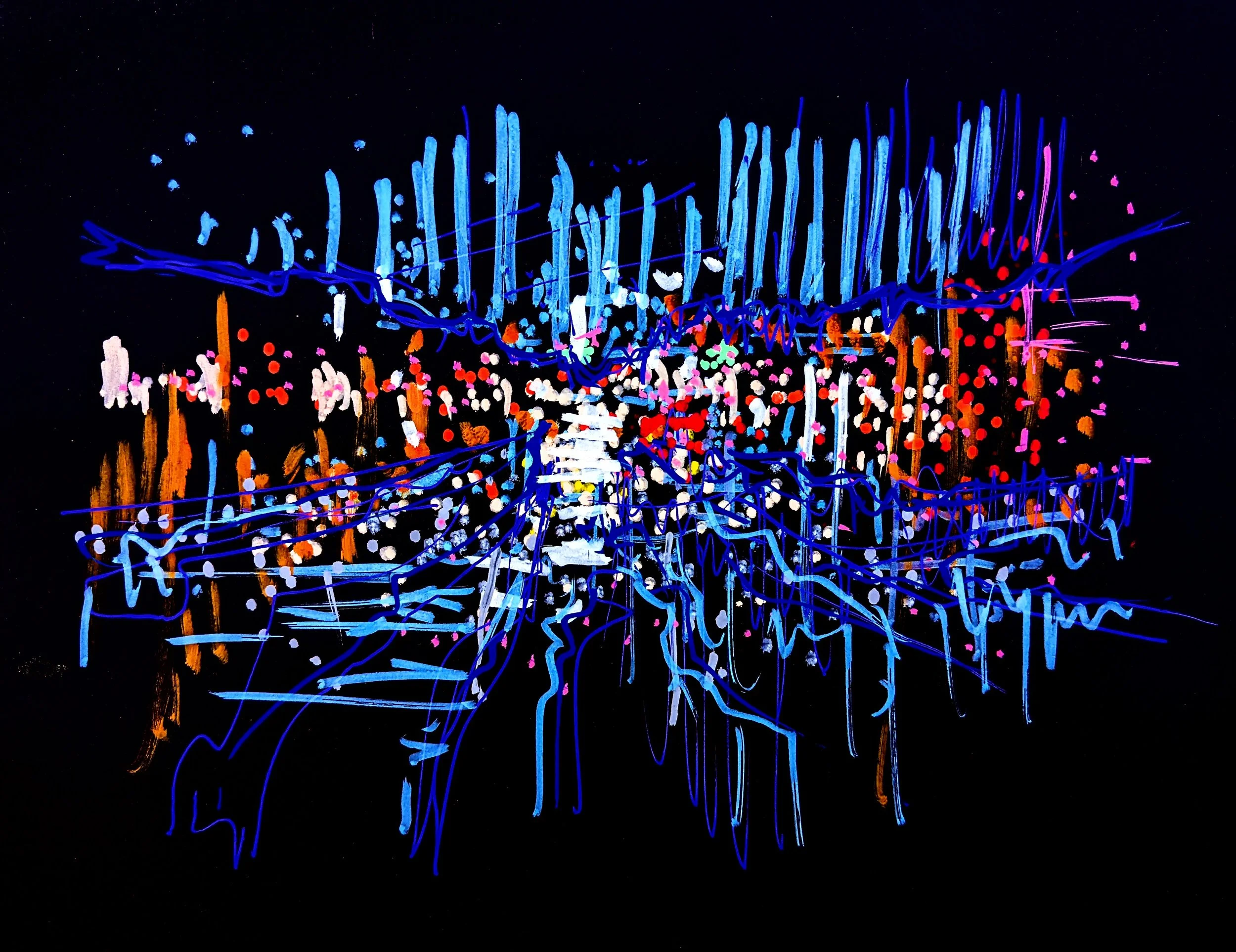 Colorful LED light display on a dark background with blue, red, pink, white, orange, and green lights forming abstract patterns.