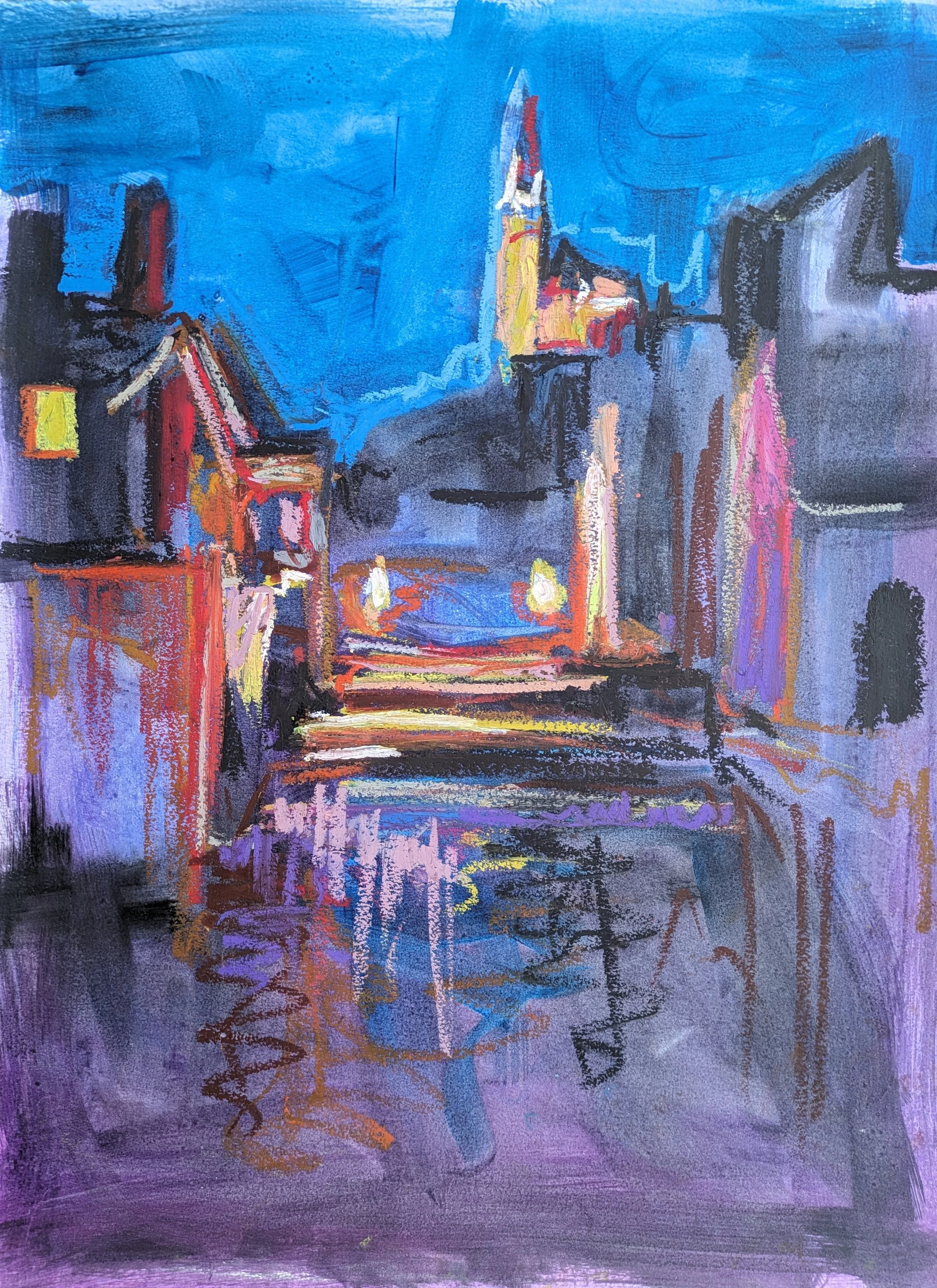 An abstract cityscape painting at night with illuminated buildings, reflecting on a wet street.