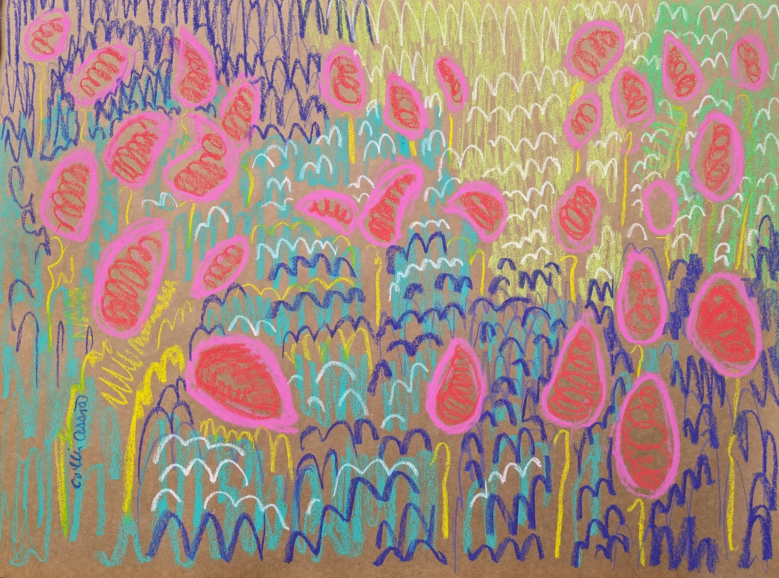 Colorful abstract drawing resembling a field of flowers with pink and red petals, blue and green leaves, on a brown background.
