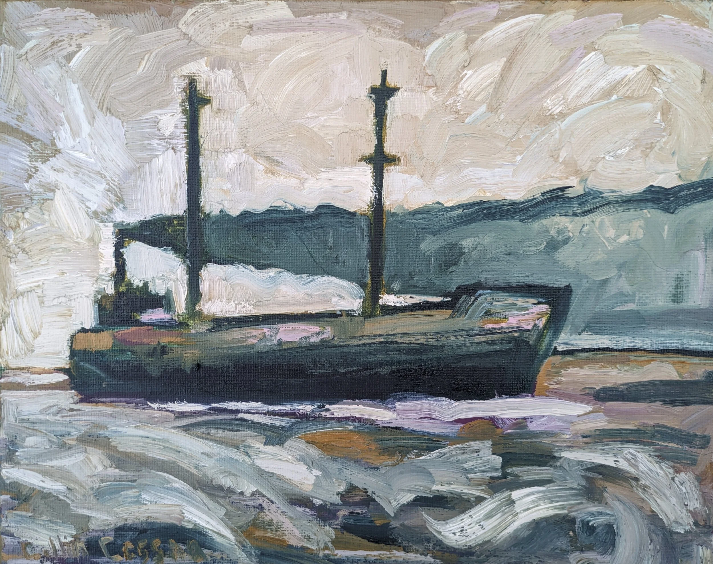 An impressionistic painting of a sailing ship with two tall masts, sailing on choppy waters against a cloudy sky.