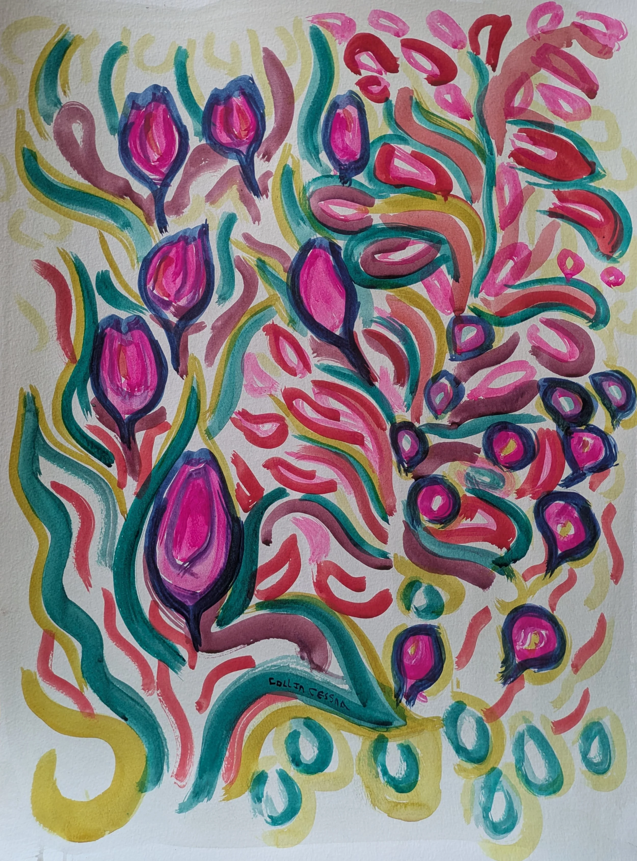Sprouting tulips original watercolor painting on paper by Collin Cessna spring time garden maryland