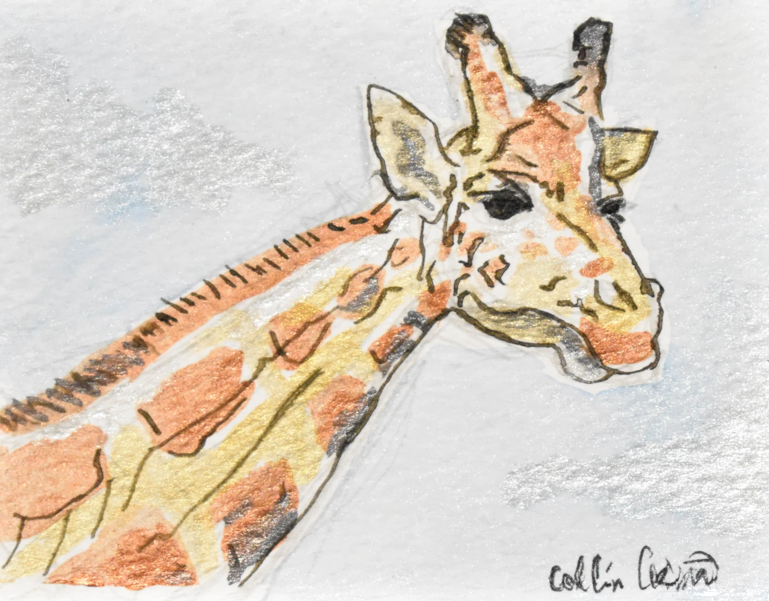Drawing of a giraffe's head and neck with sketchy black outlines and watercolor-like orange, yellow, and brown patches on a light background.