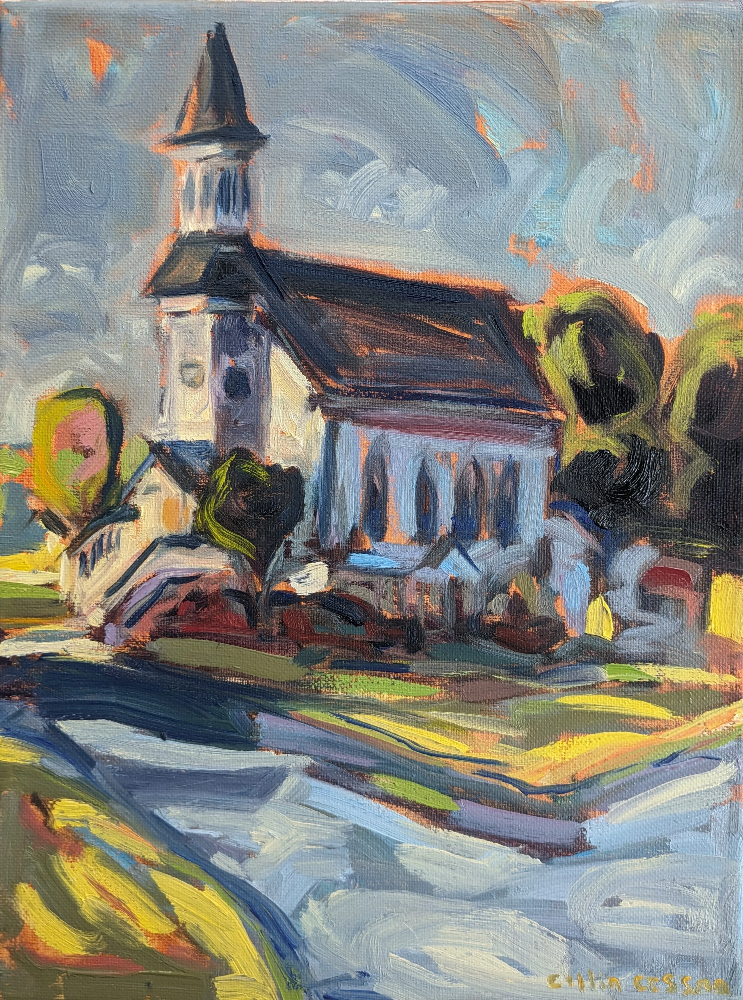 A colorful impressionist painting of a church with a tall steeple, surrounded by trees, set against a cloudy sky.