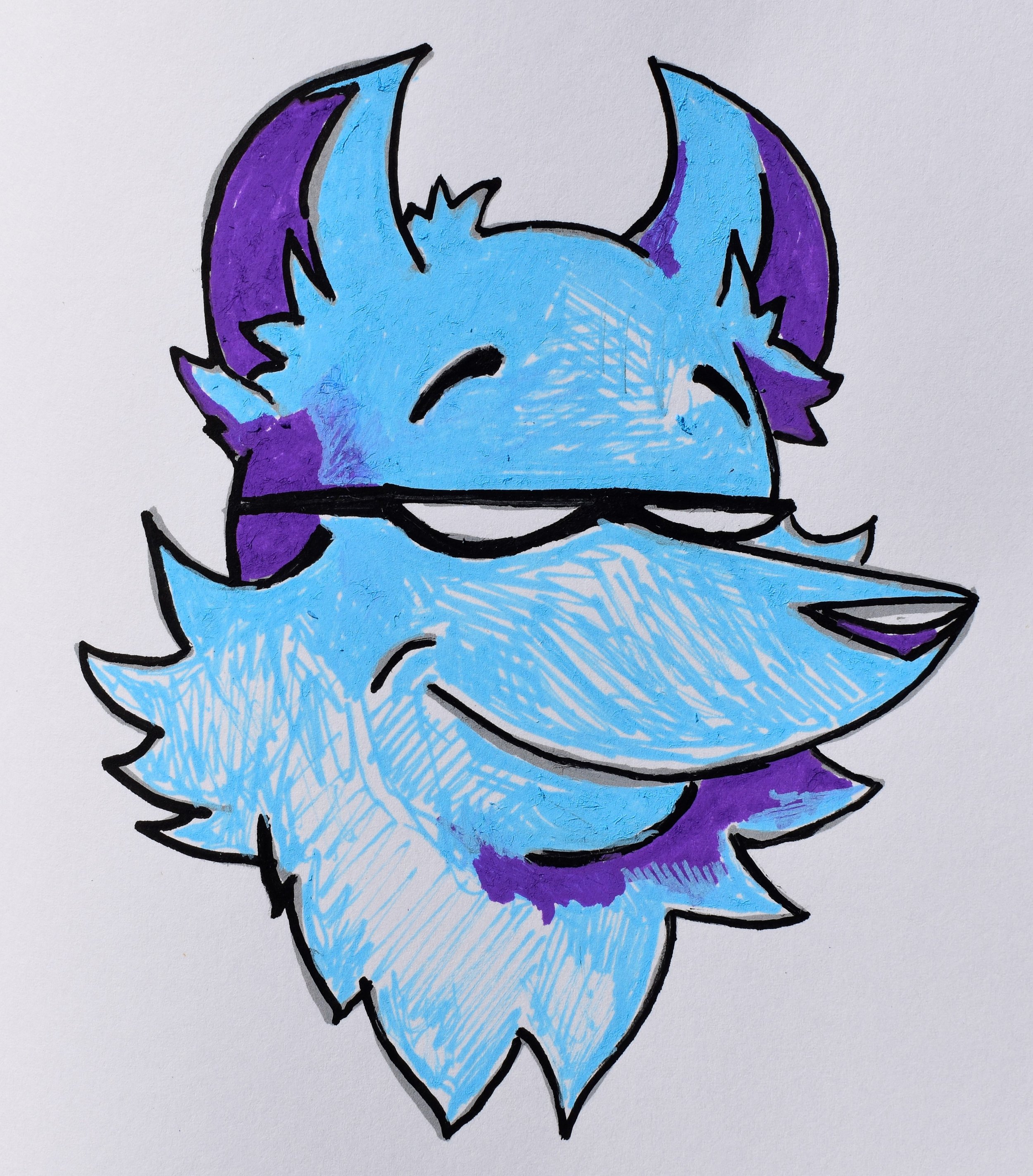 A colorful drawing of two cartoon wolf characters with blue and purple fur, one wearing glasses, smiling and showing a playful expression.