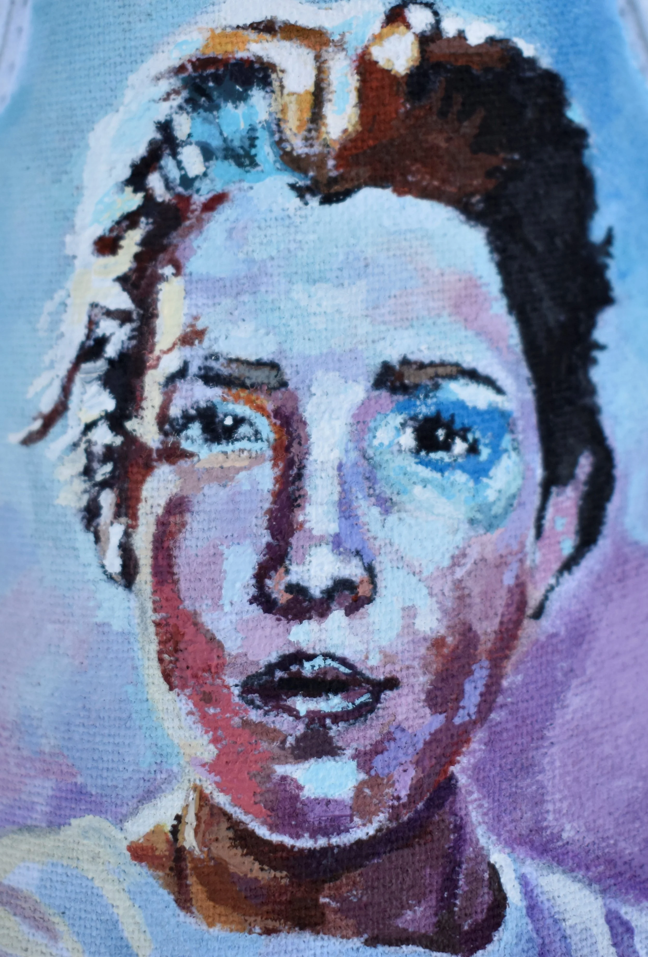 A pixelated or painterly portrait of a woman with short, dark hair, wearing a light-colored top, against a purple background.