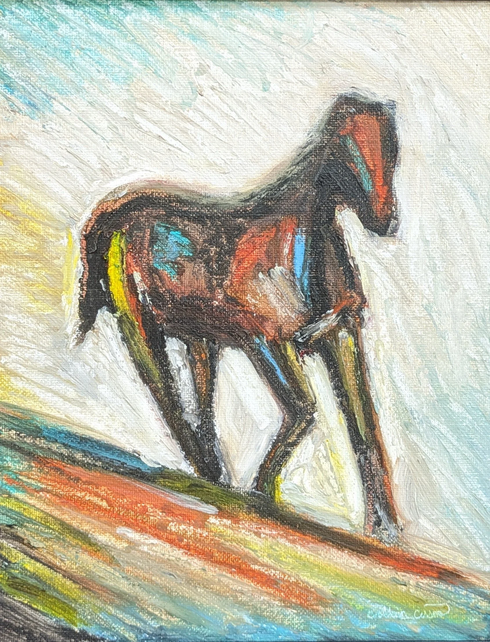 An abstract painting of a horse with a mix of vibrant colors and bold brushstrokes.