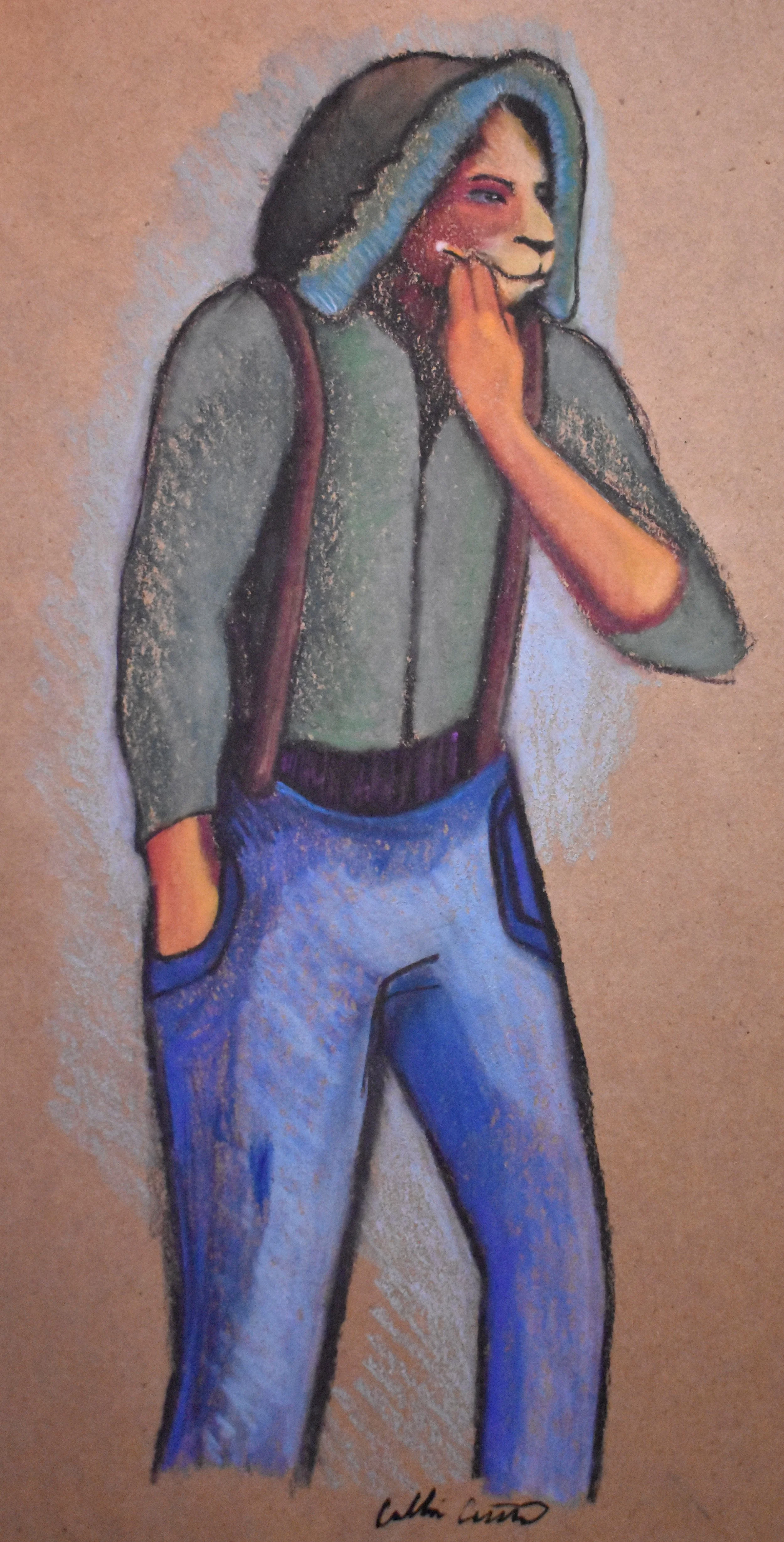 Colorful chalk drawing of a person with a lion face, wearing classic clothing, standing with hands in pockets, on brown background.