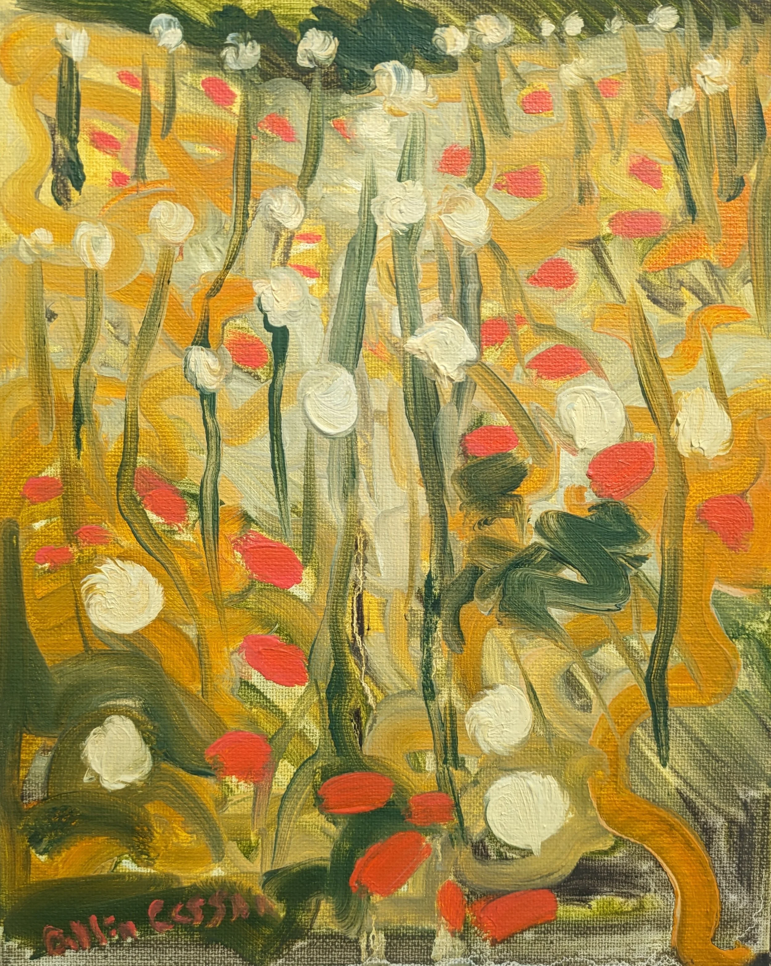 An abstract painting of a potato field with white and red potatoes growing on green stems against a yellow and green background.