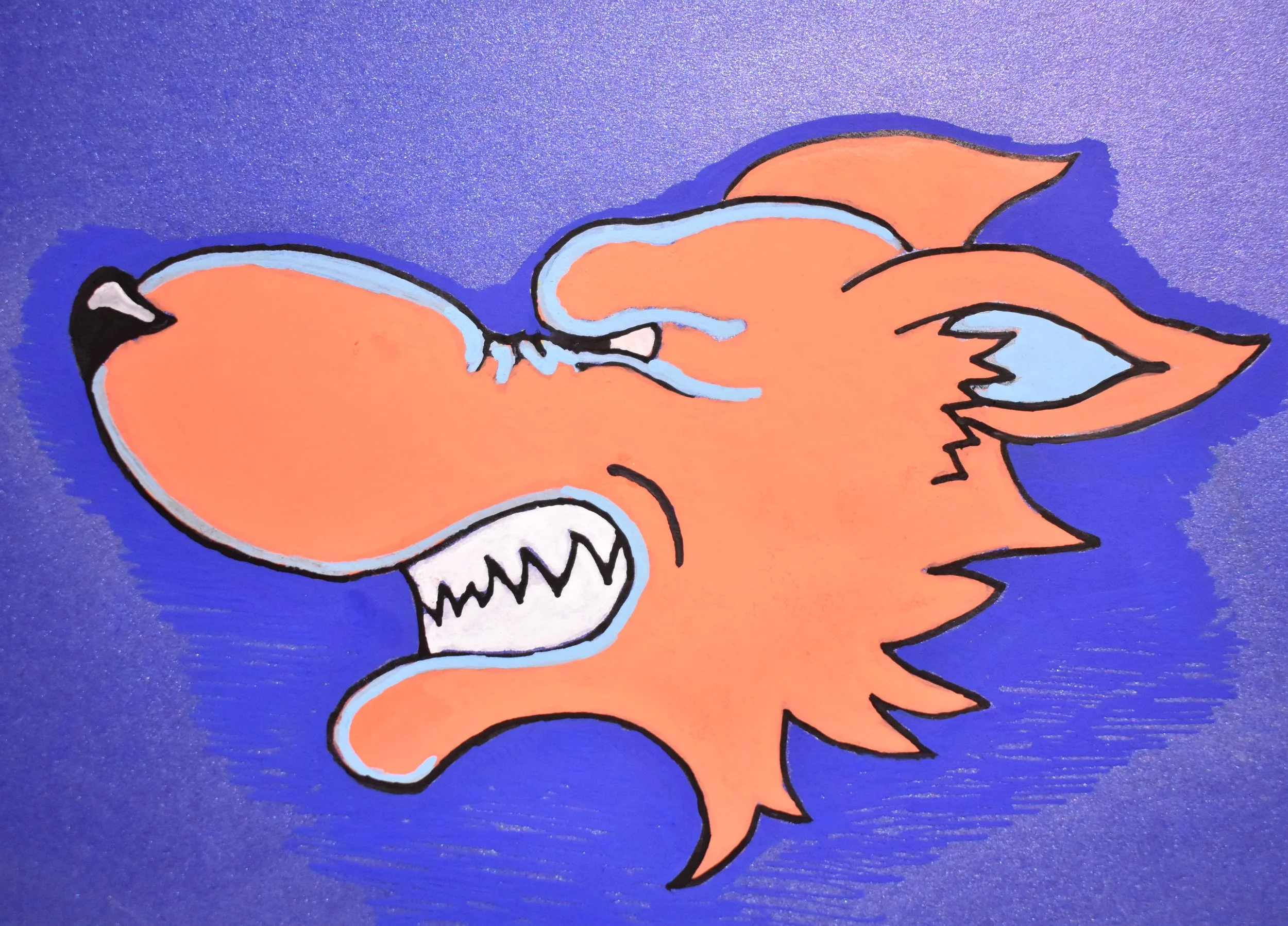 A colorful cartoon-style drawing of a fierce-looking fox with sharp teeth, set against a vibrant blue background.