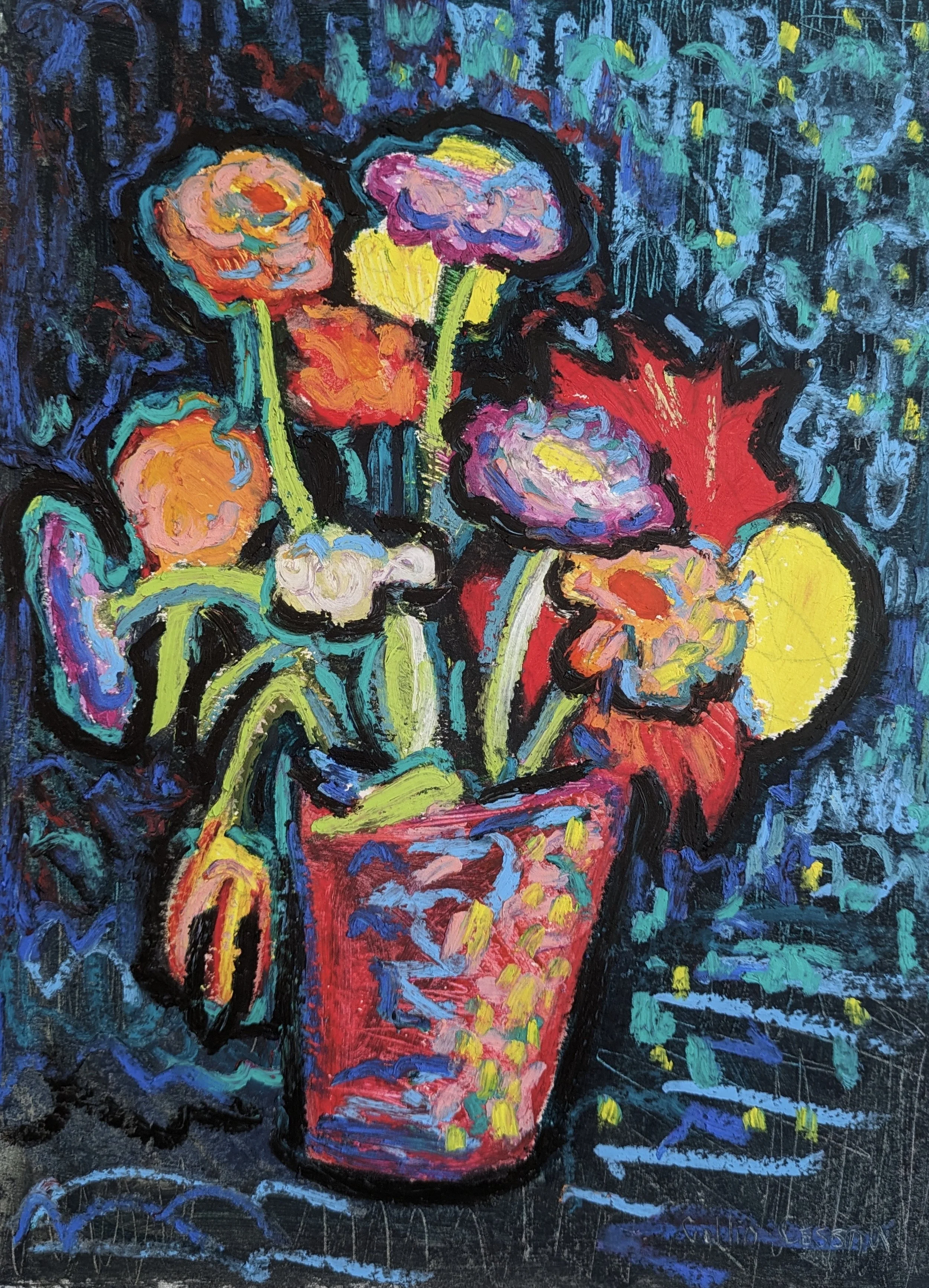 An abstract painting of a colorful flower bouquet in a red vase, with various brightly colored flowers and a dark background.