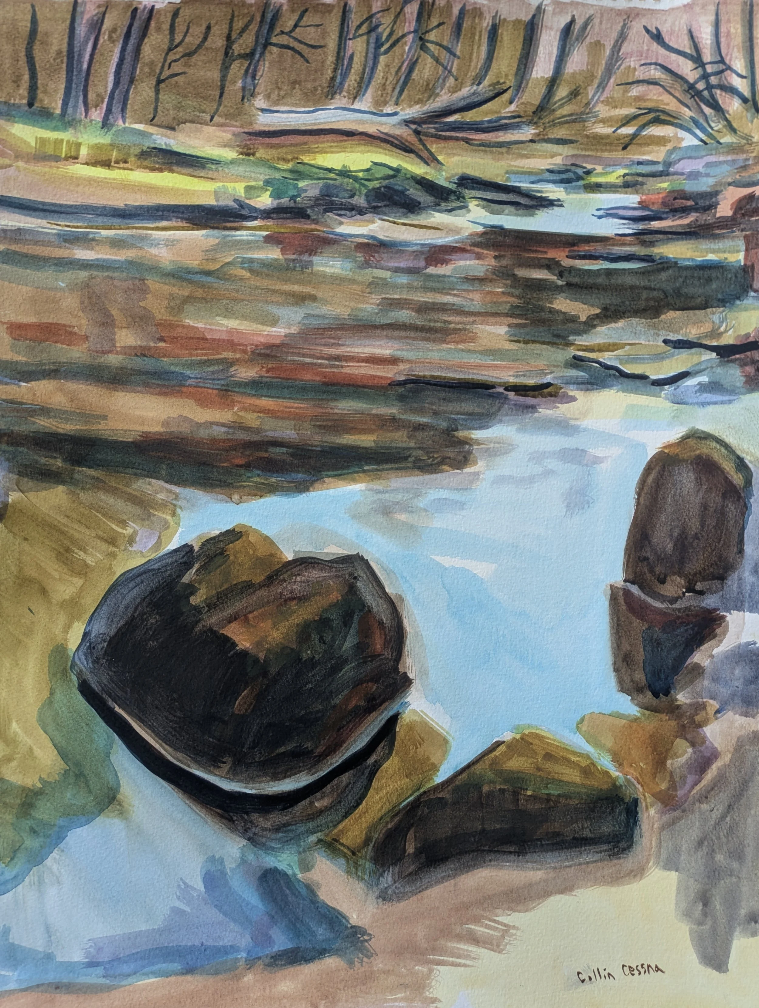 Gunpowder River Harford Road Entrance painting Collin Cessna fishing architecture casein paper color