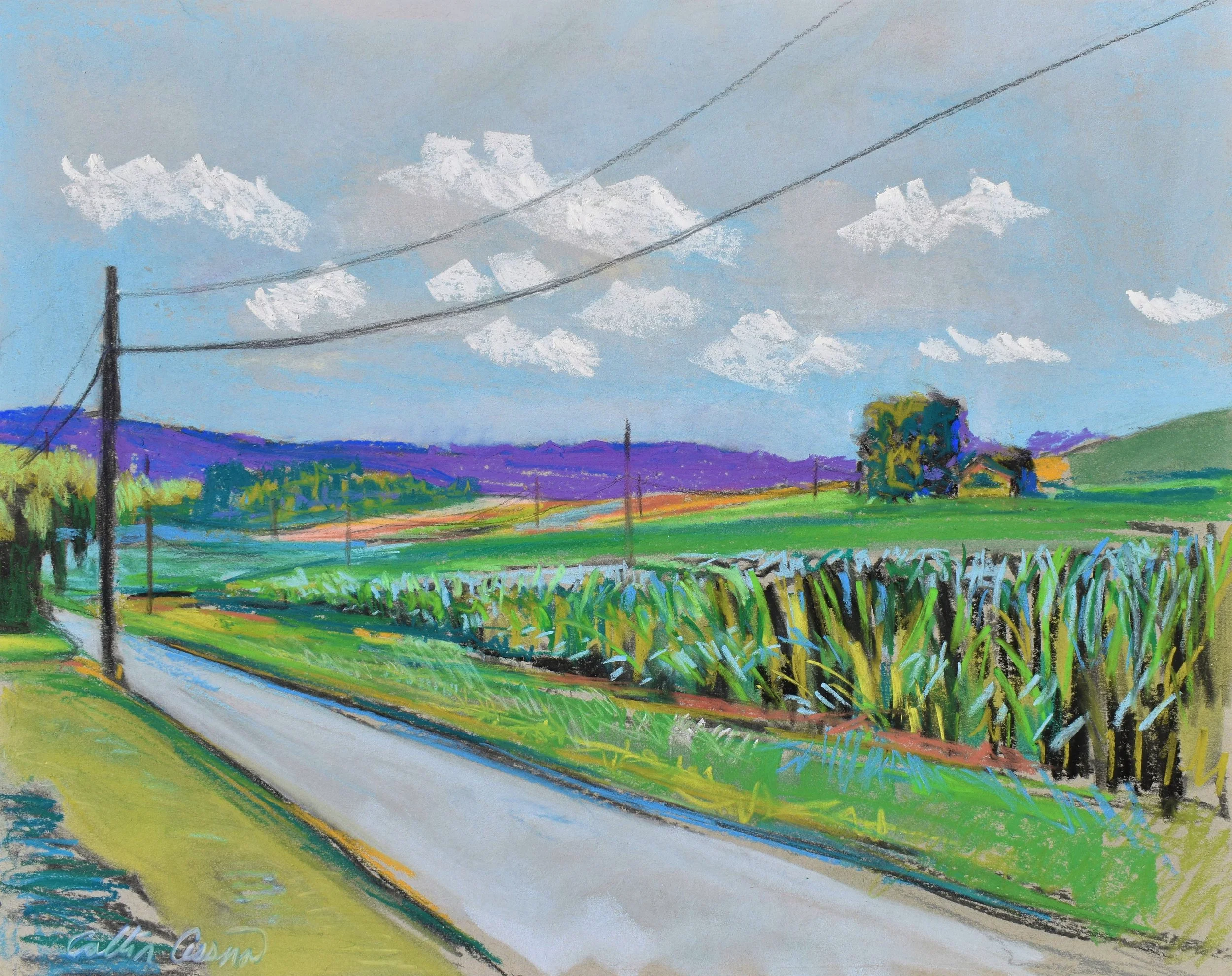 Colorful landscape painting of a rural countryside with a dirt road, power lines, green fields, purple hills in the background, and a partly cloudy sky.