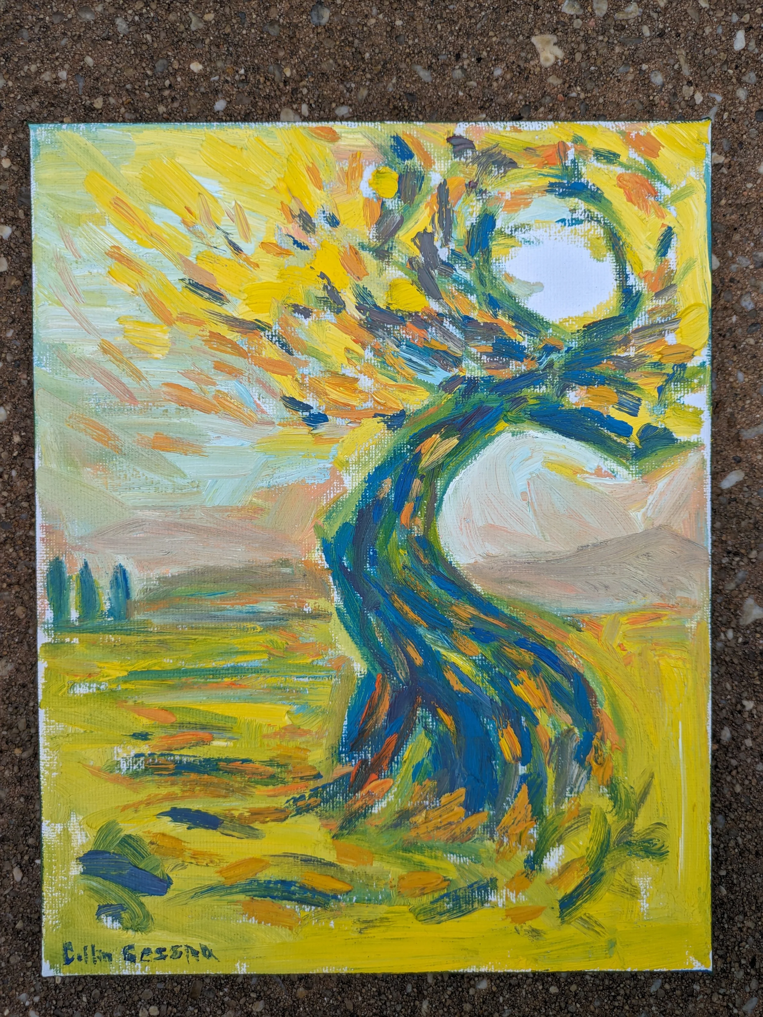 Artist Collin Cessna paints original work titled Soft Light Yellow impressionistic van gogh style md