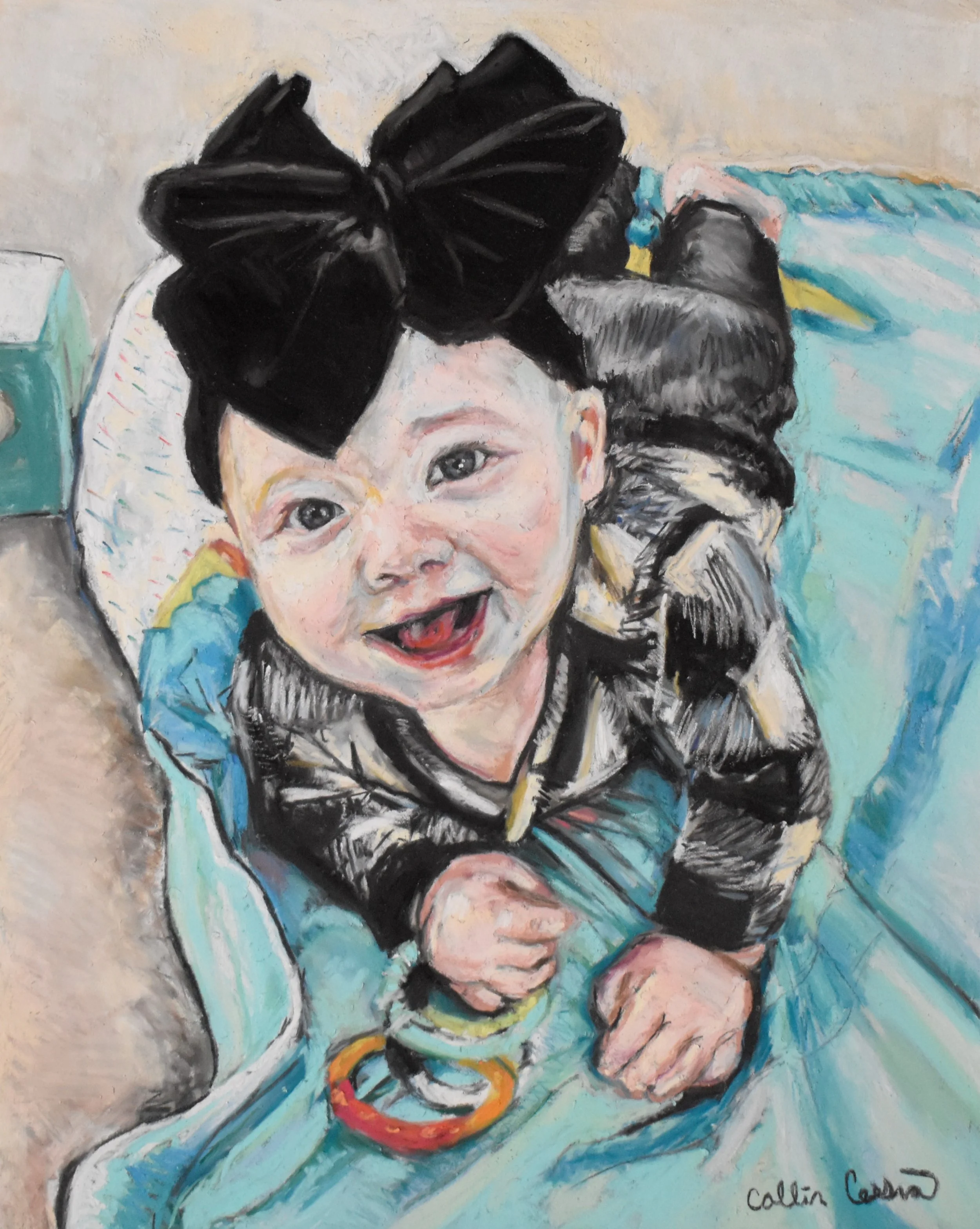 A painting of a smiling baby with a large black bow on her head, lying on her stomach on a bed with blue sheets, looking up at the viewer.