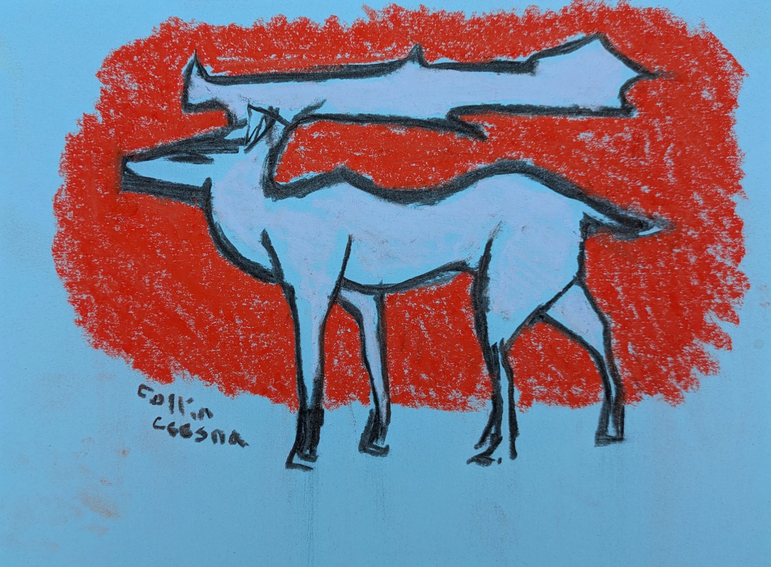 A drawing of a unicorn with a long horn, surrounded by a red textured background and a light blue background. The artwork is signed in the lower left corner.