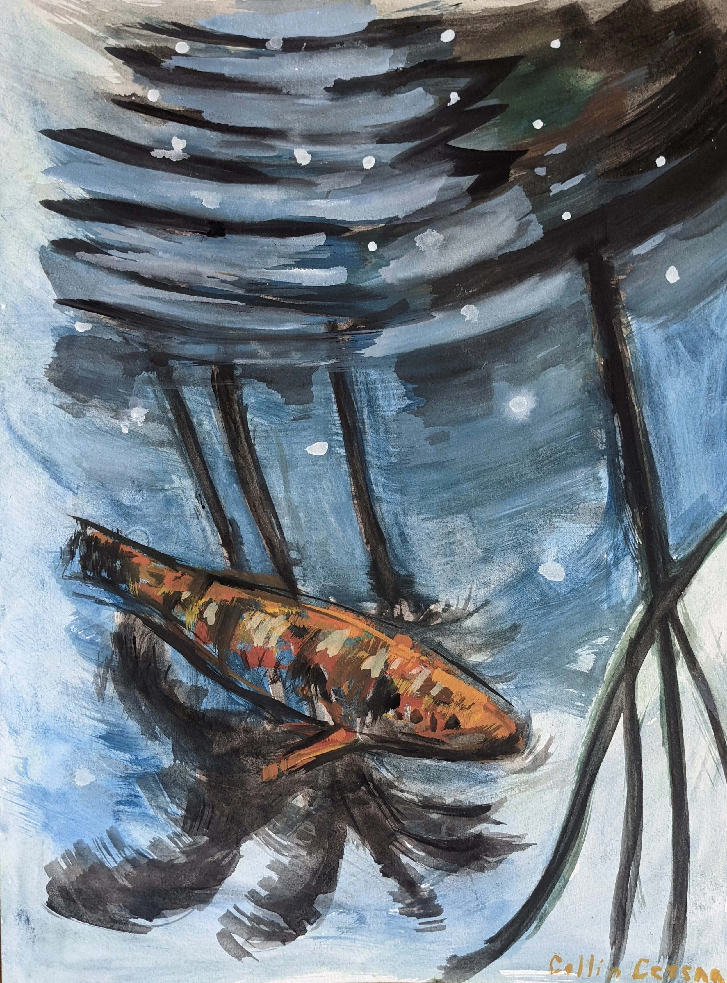 Watercolor painting of an orange and black fish swimming under water amidst dark aquatic plants.