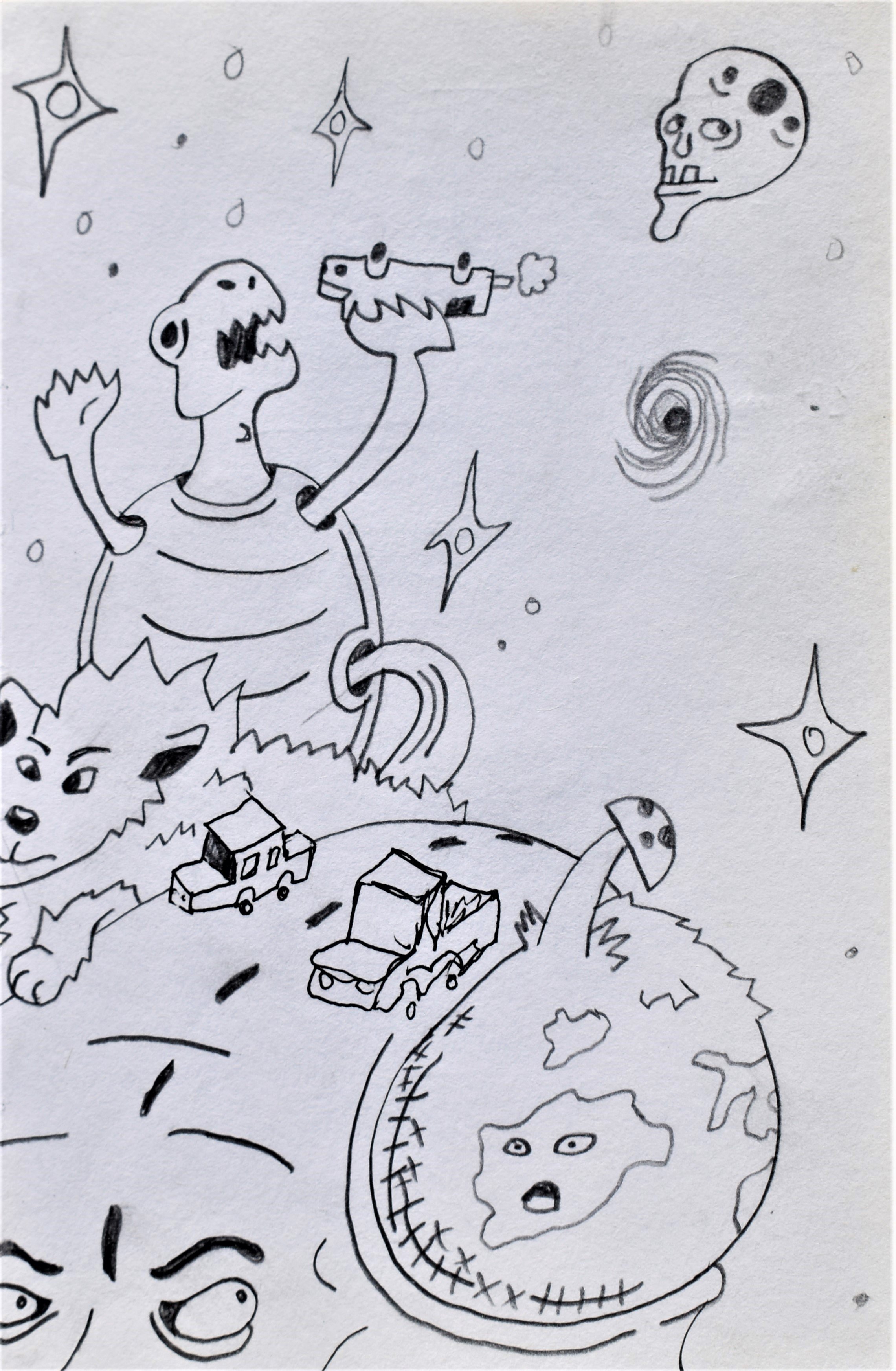 A hand-drawn illustration featuring a person with a distorted face on a planet, holding a camera with a dog face, surrounded by stars, a galaxy, a wolf, a skull, and four trucks on a road encircling the planet.