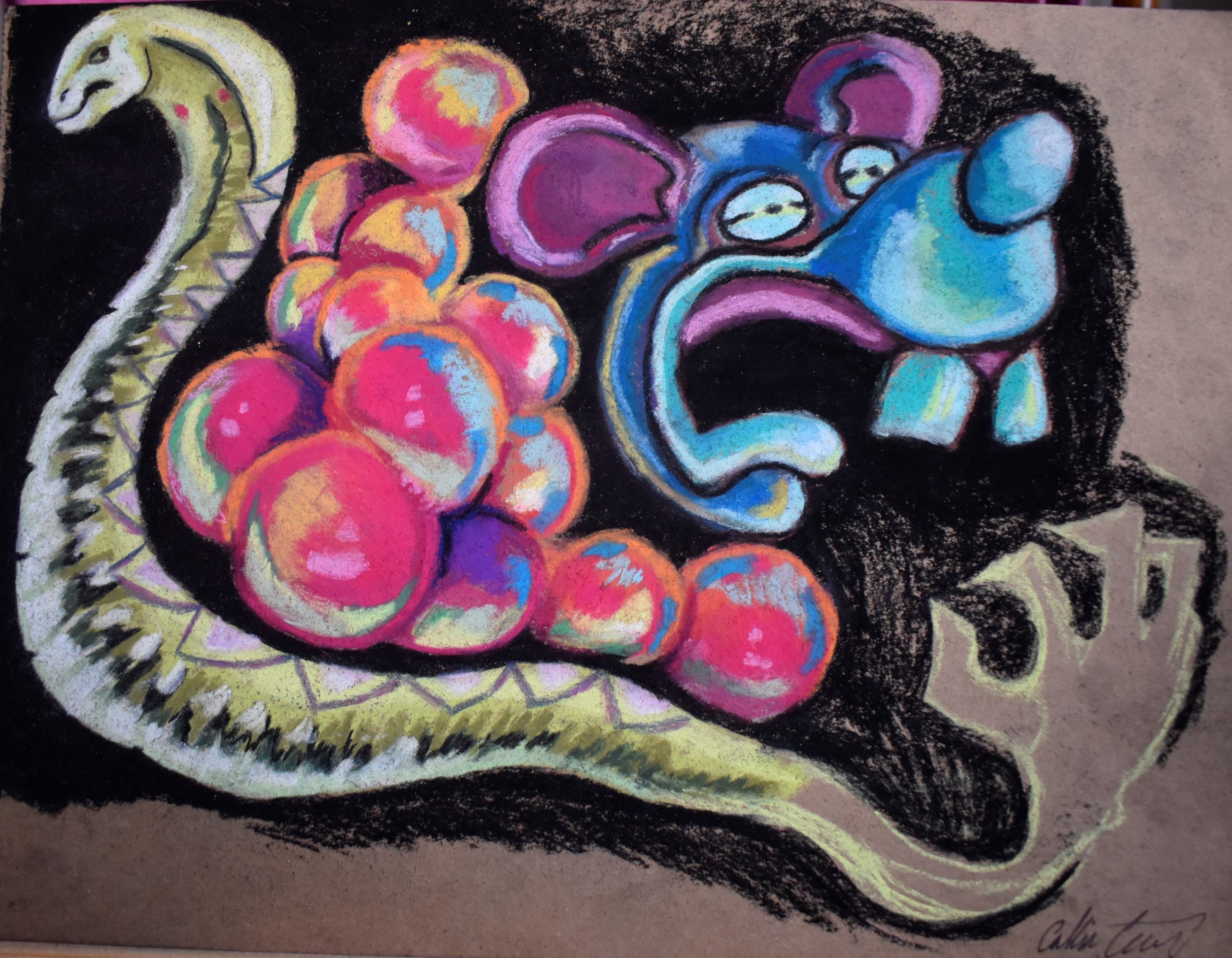 Colorful chalk drawing of a dinosaur with a long neck, a blue head with pink ears, and a body covered in pink, purple, red, and yellow orbs, set against a black background.