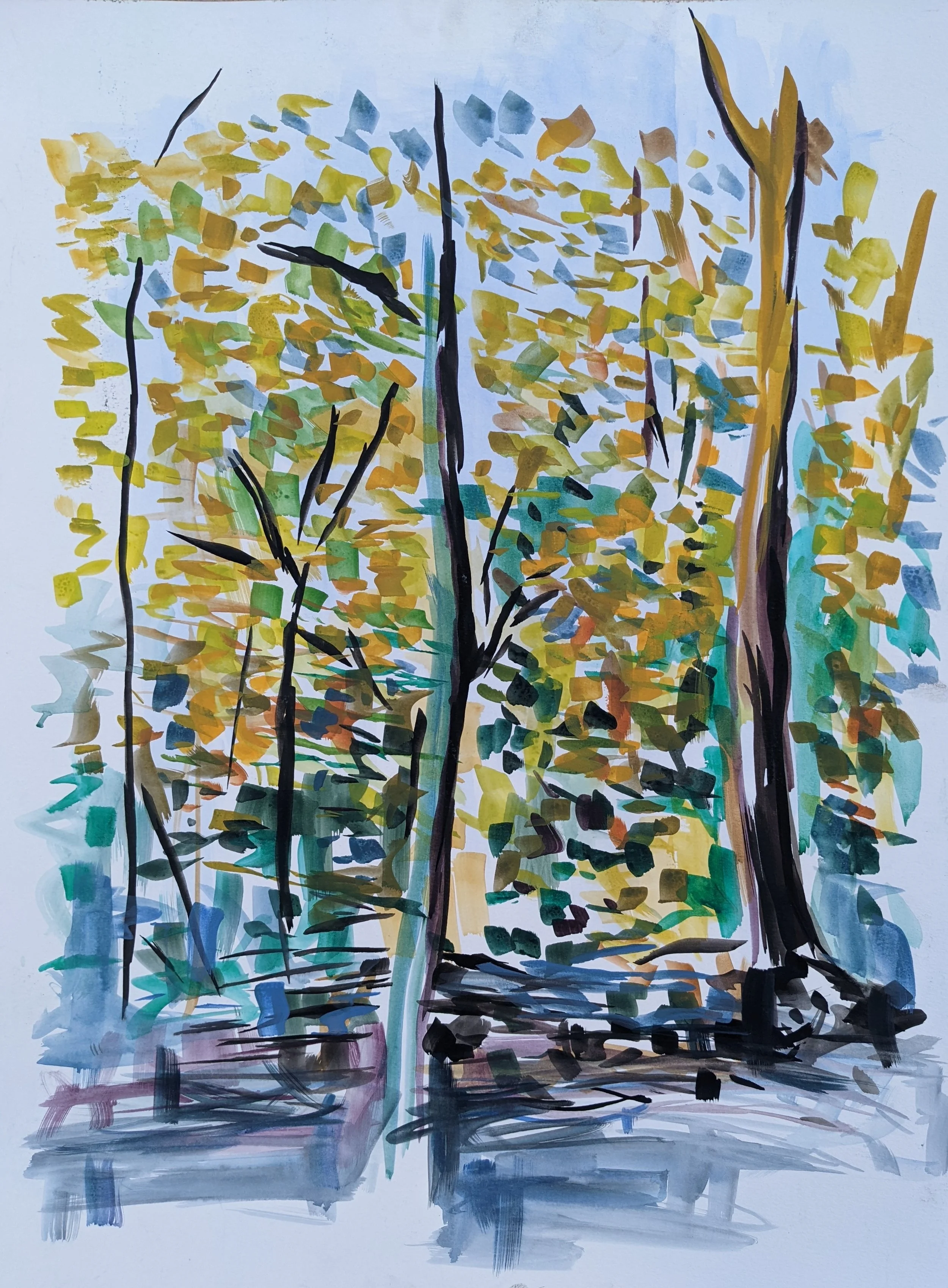 An abstract painting of trees with yellow and green leaves in a pot and on a fence, with a blue sky background