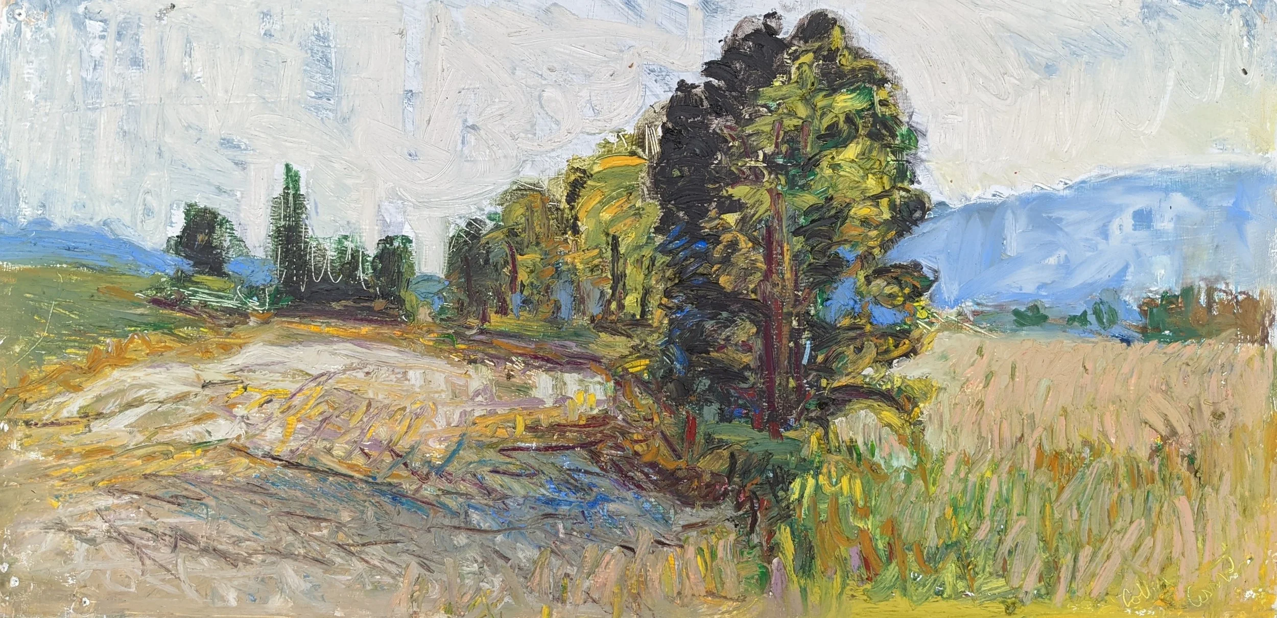 Impressionist painting of a rural landscape with a dirt road, colorful trees, and distant mountains.
