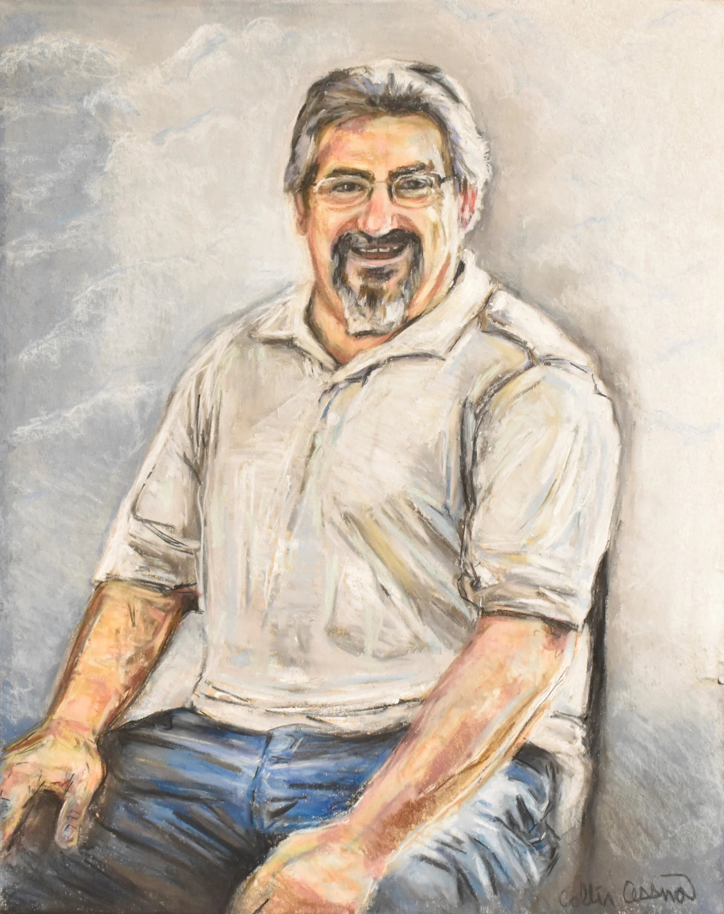 A painted portrait of a man with gray hair, glasses, a mustache and goatee, smiling, wearing a beige shirt and blue pants, sitting against a neutral background.