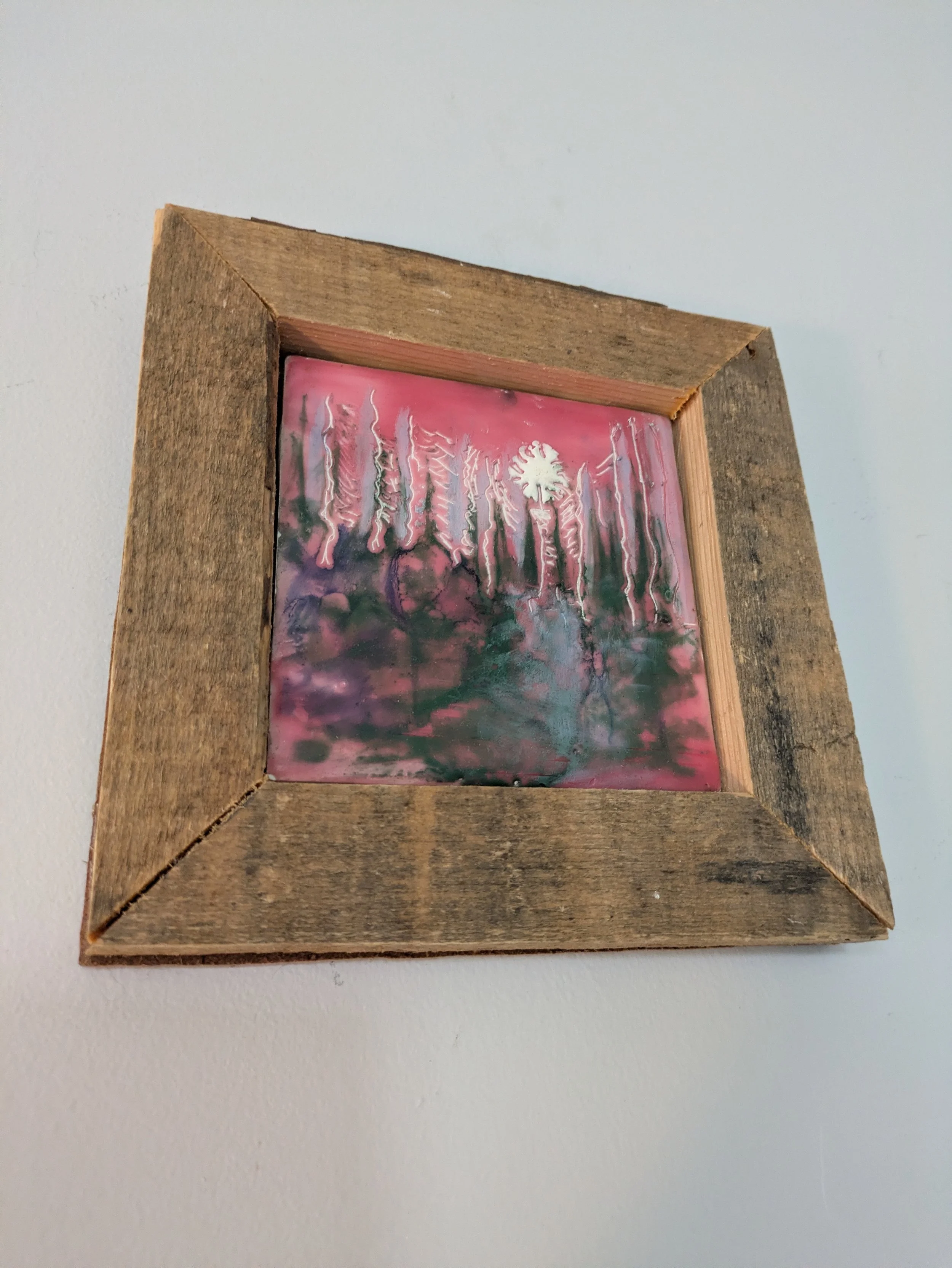 Collin Cessna Artist paints encaustic beeswax painting on ceramic tile framed upcycled recycled orig