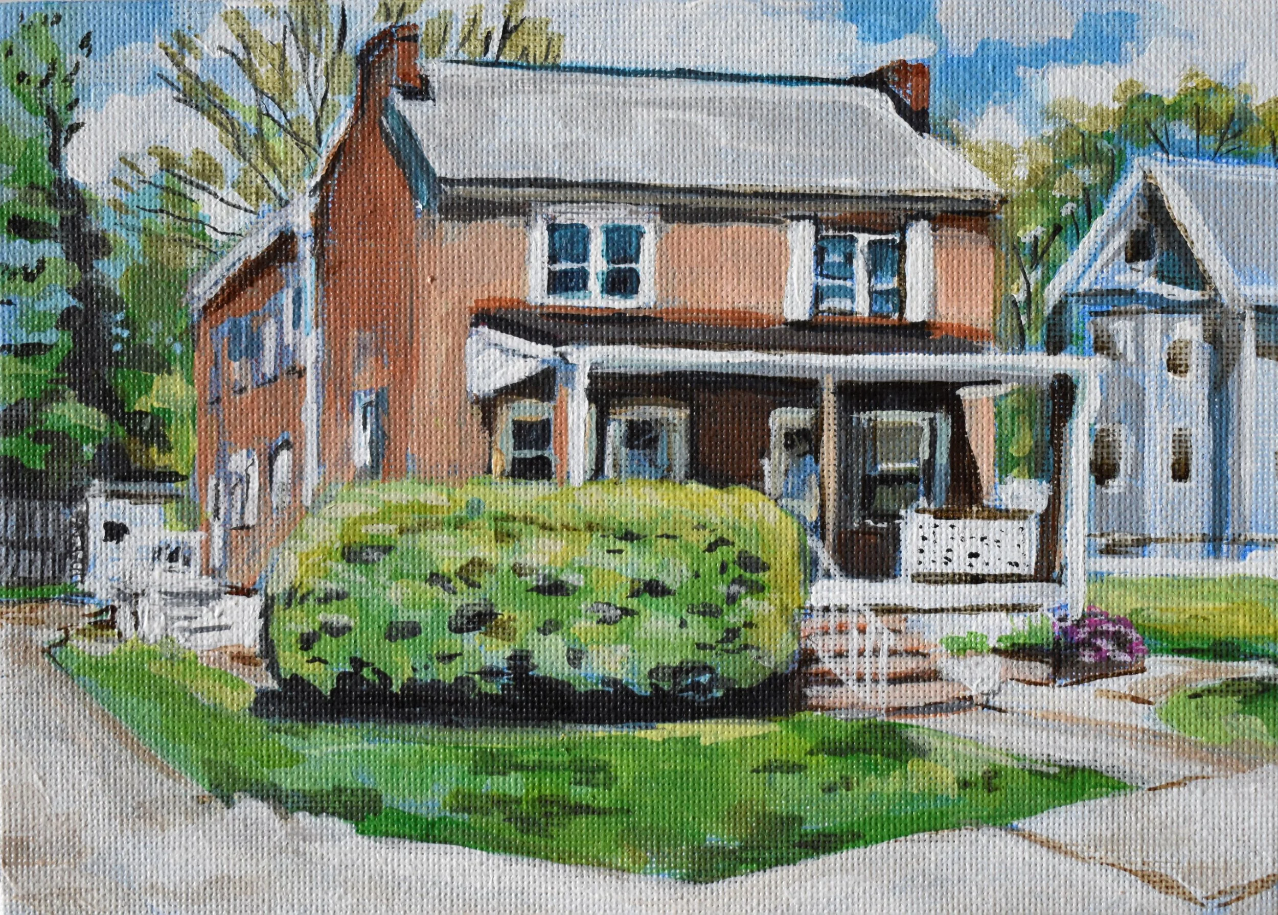 A painting of a two-story house with a porch, surrounded by greenery and trees, with a sidewalk in front.