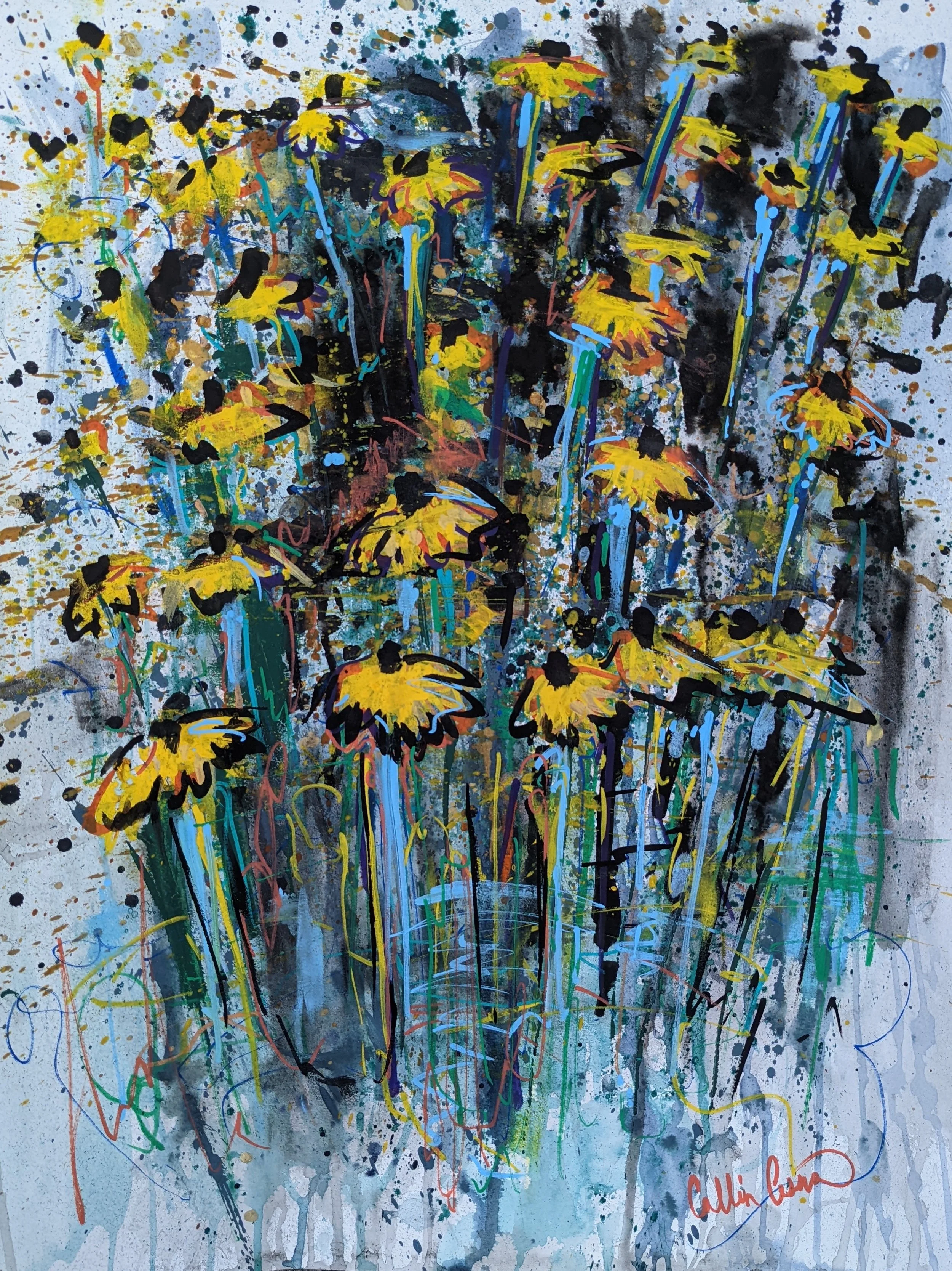 Abstract painting of yellow flowers with black centers, green stems, and blue accents against a splattered gray and black background.