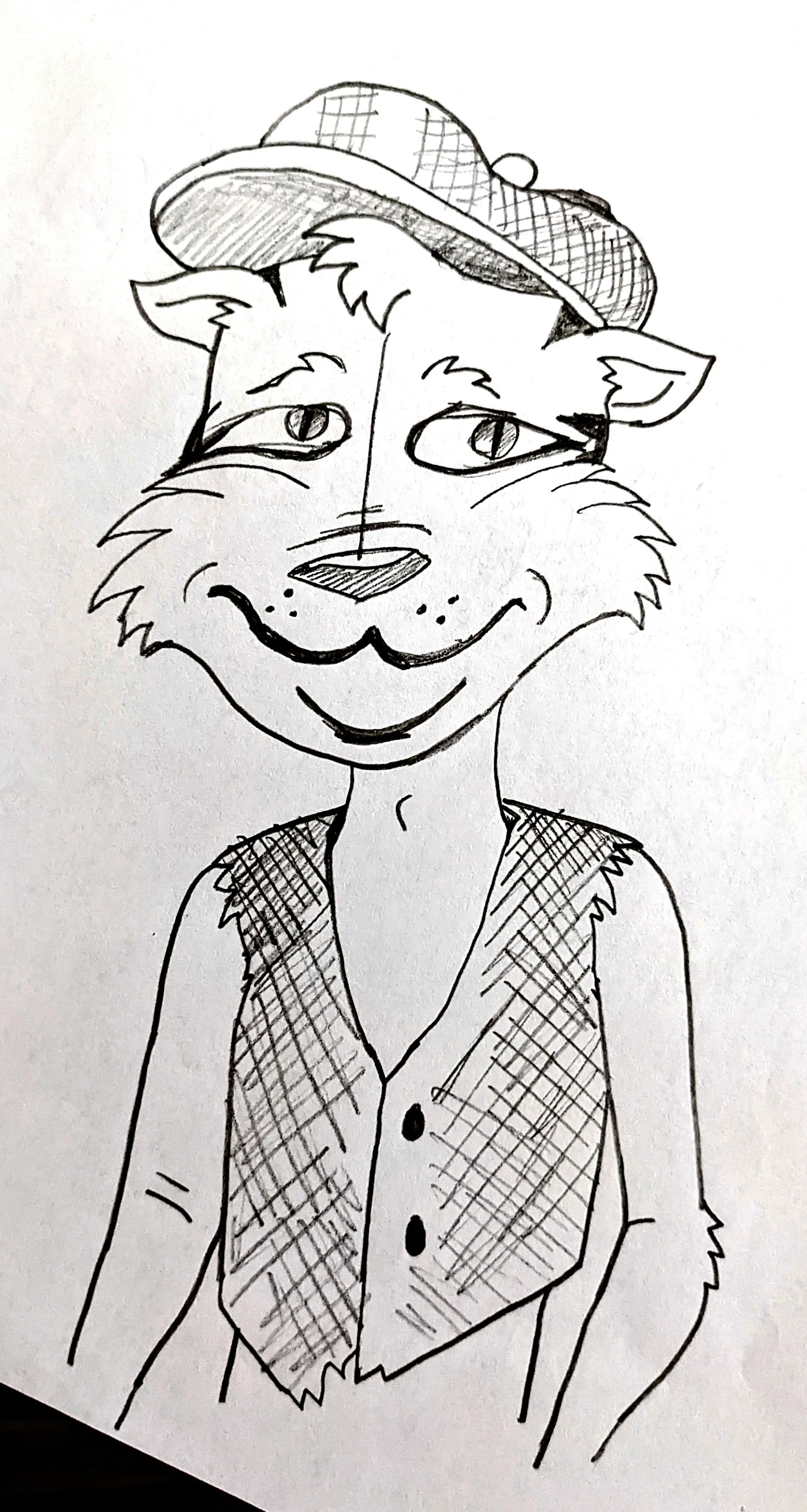 Hand-drawn cartoon of a smiling anthropomorphic cat wearing a checkered hat, vest, and shirt with rolled-up sleeves.