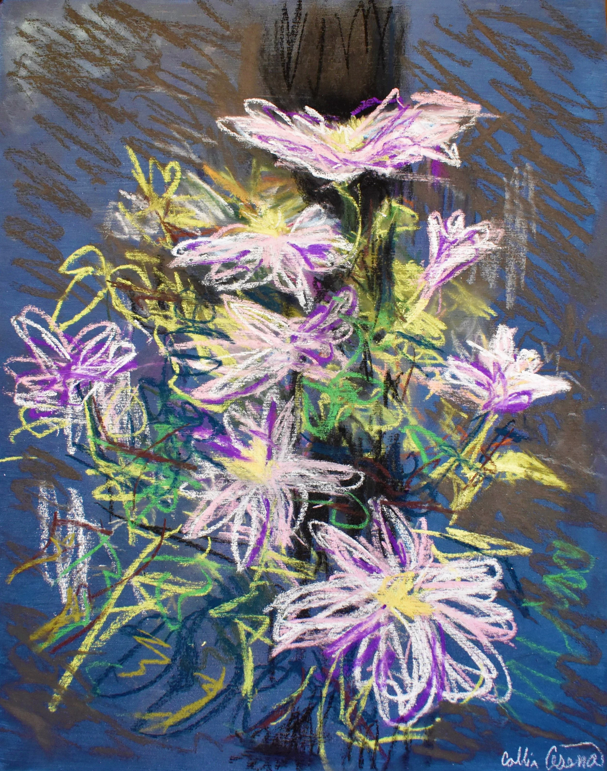 Pastel drawing of pink and purple flowers with green leaves on dark background.