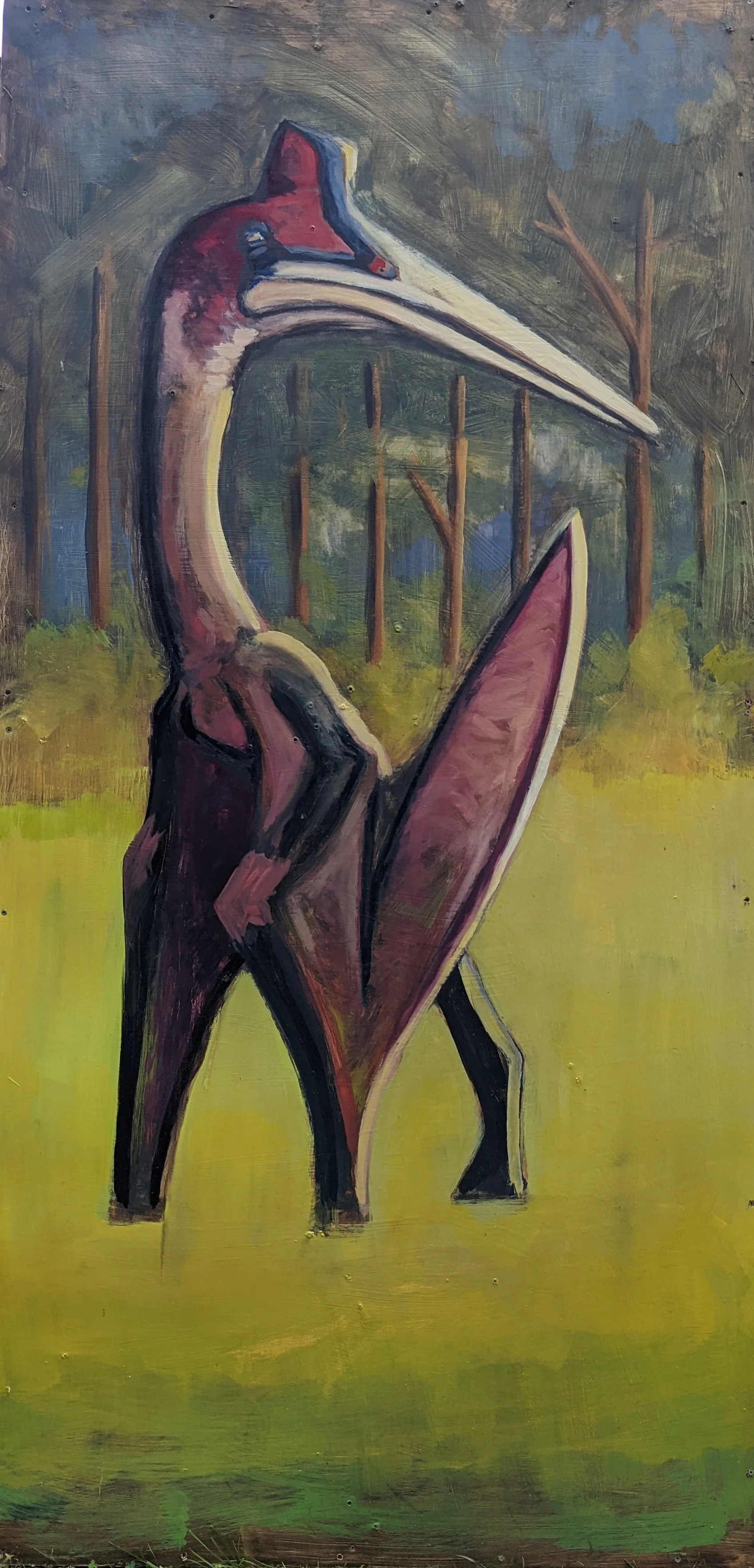 A surreal painting of a creature with the body of a cow and the head of a red and black bird, standing on a grassy field with trees in the background.