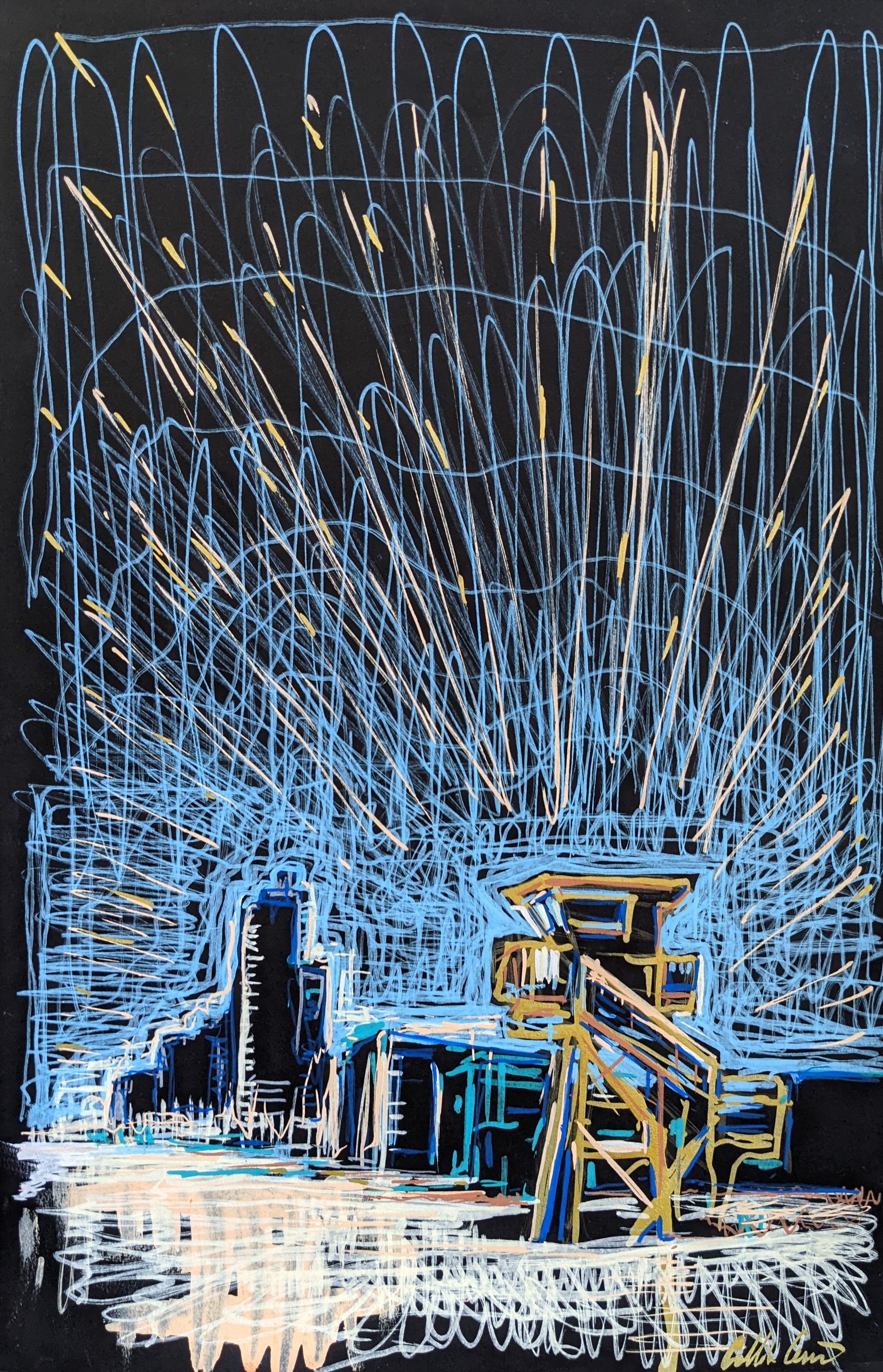 Neon-colored sketch of a city skyline with fireworks exploding in the night sky