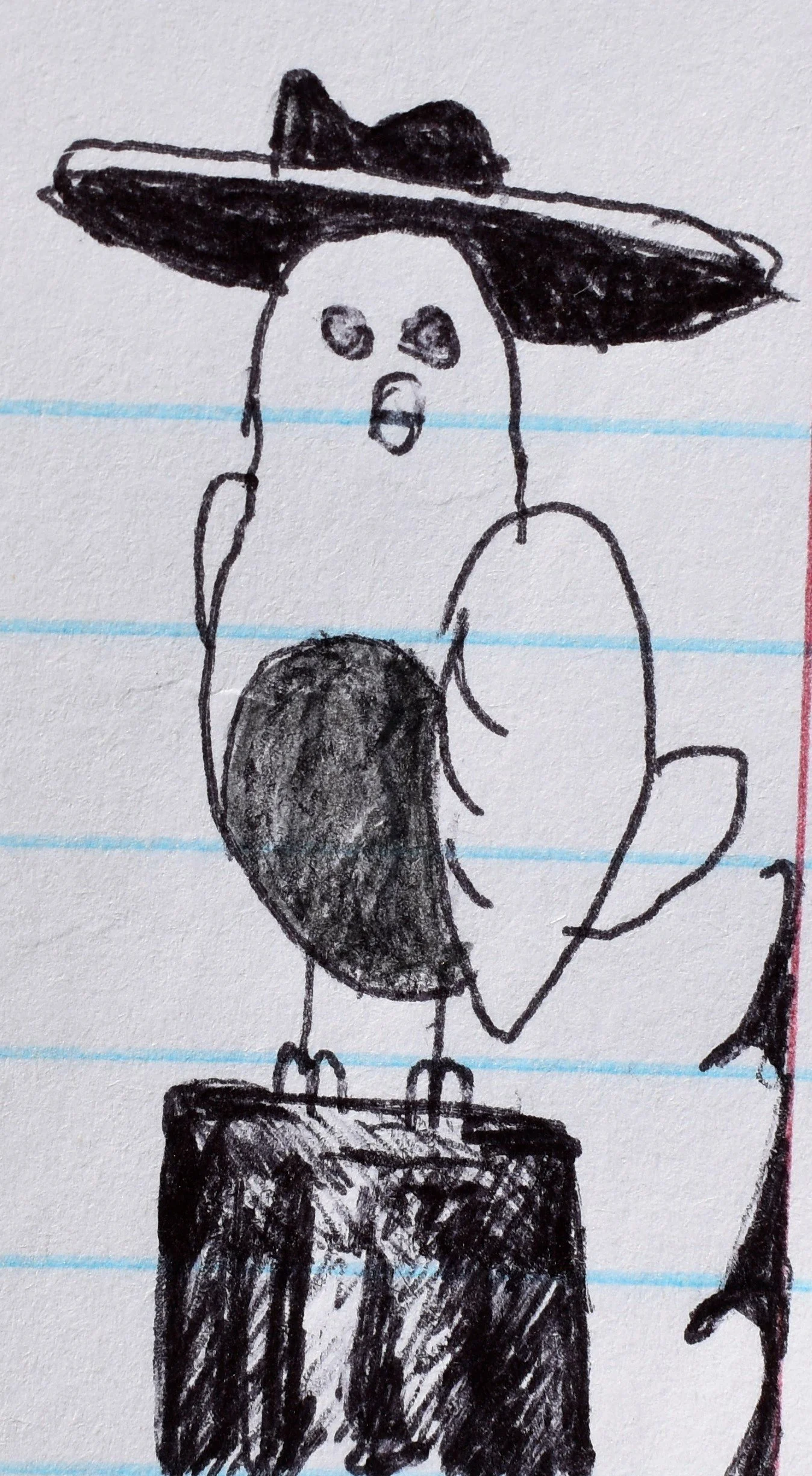 A hand-drawn sketch of a bird wearing a witch's hat, standing on a table.