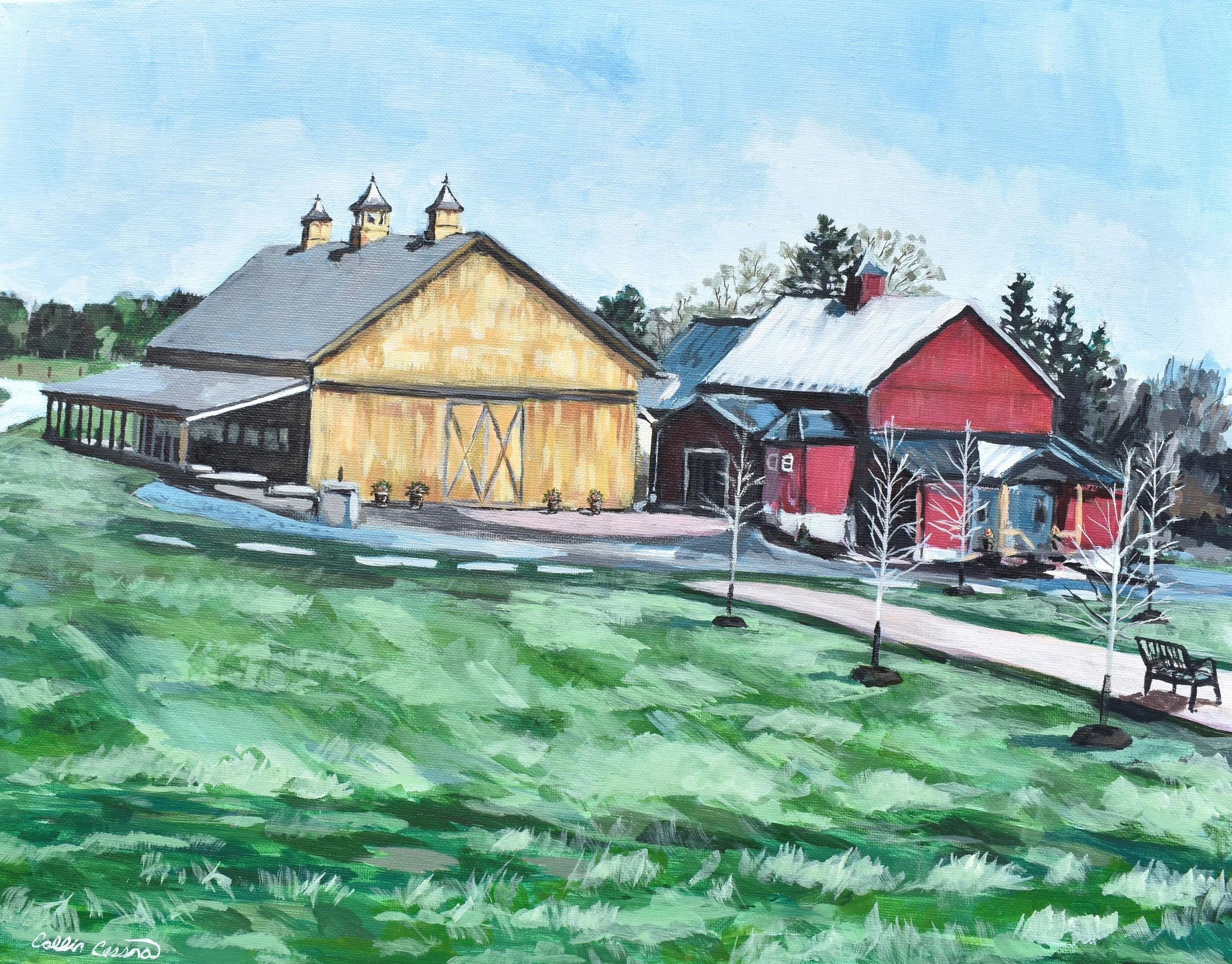 A painting of a rural scene with two barns, one red and one yellow, on a grassy landscape under a blue sky. The scene includes a winding pathway, bare trees, and a bench in the foreground.