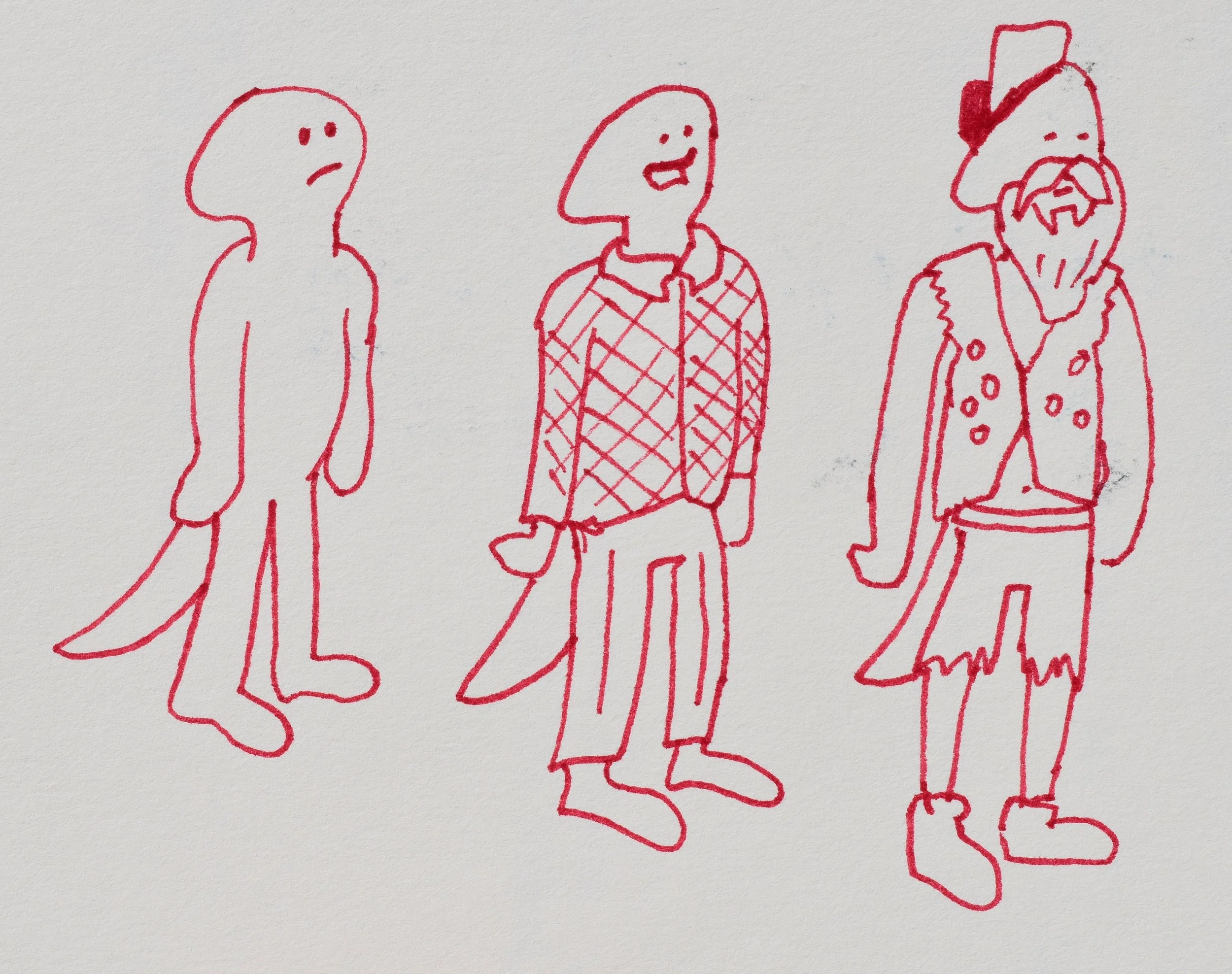 Doodle drawing of three characters: a sad alien figure, a person with a checkered jacket, and a man dressed as Santa Claus with torn clothes and boots.