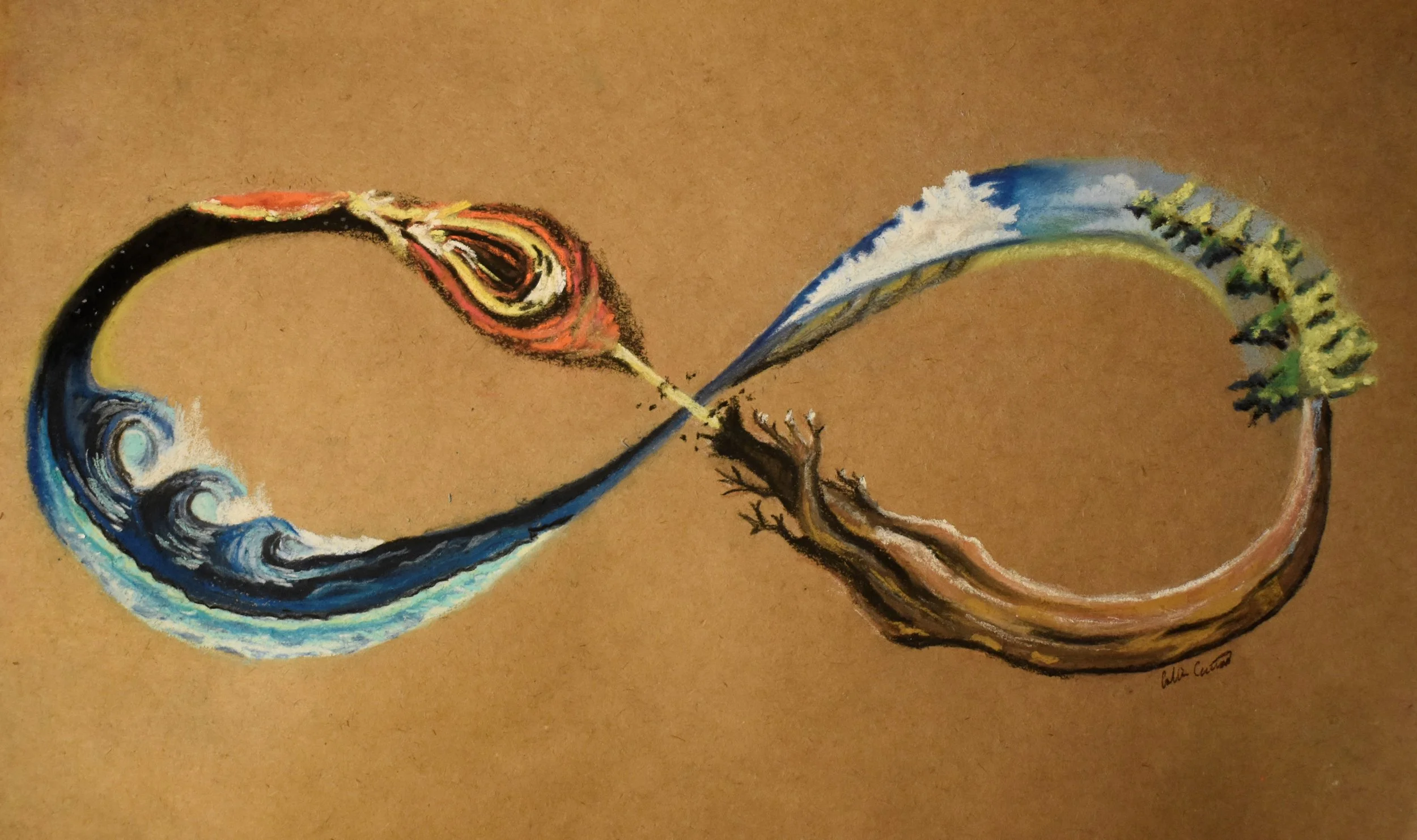 An artistic depiction of a chameleon and a bird, creating a continuous loop with their bodies, on a brown background.