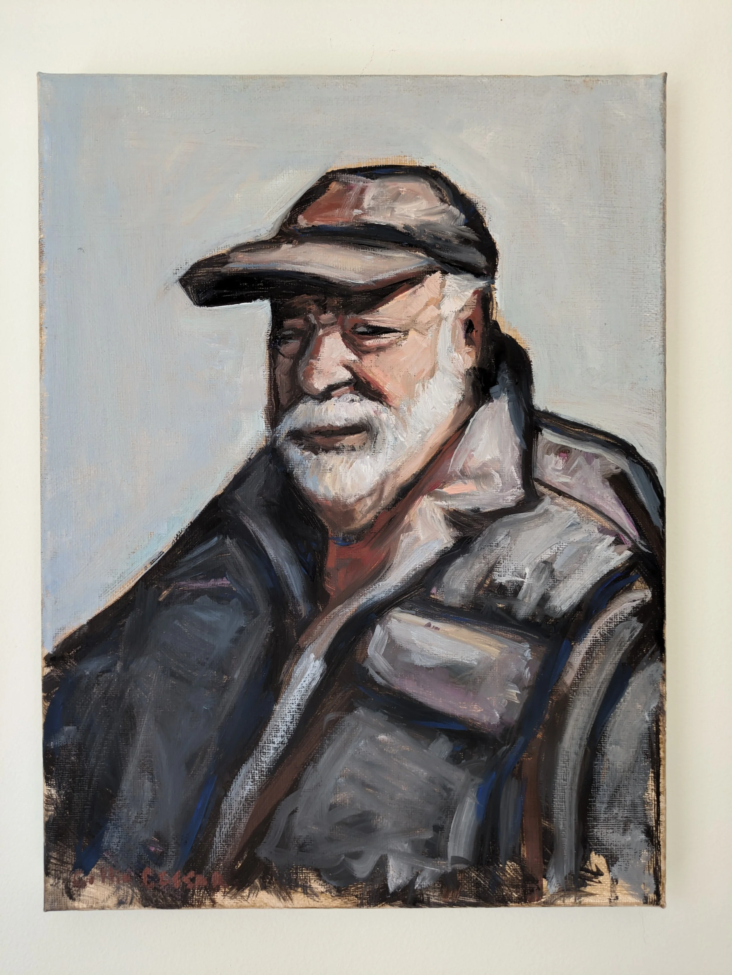 Painting of an elderly man with a white beard, wearing a cap and a dark jacket, looking slightly to the side.