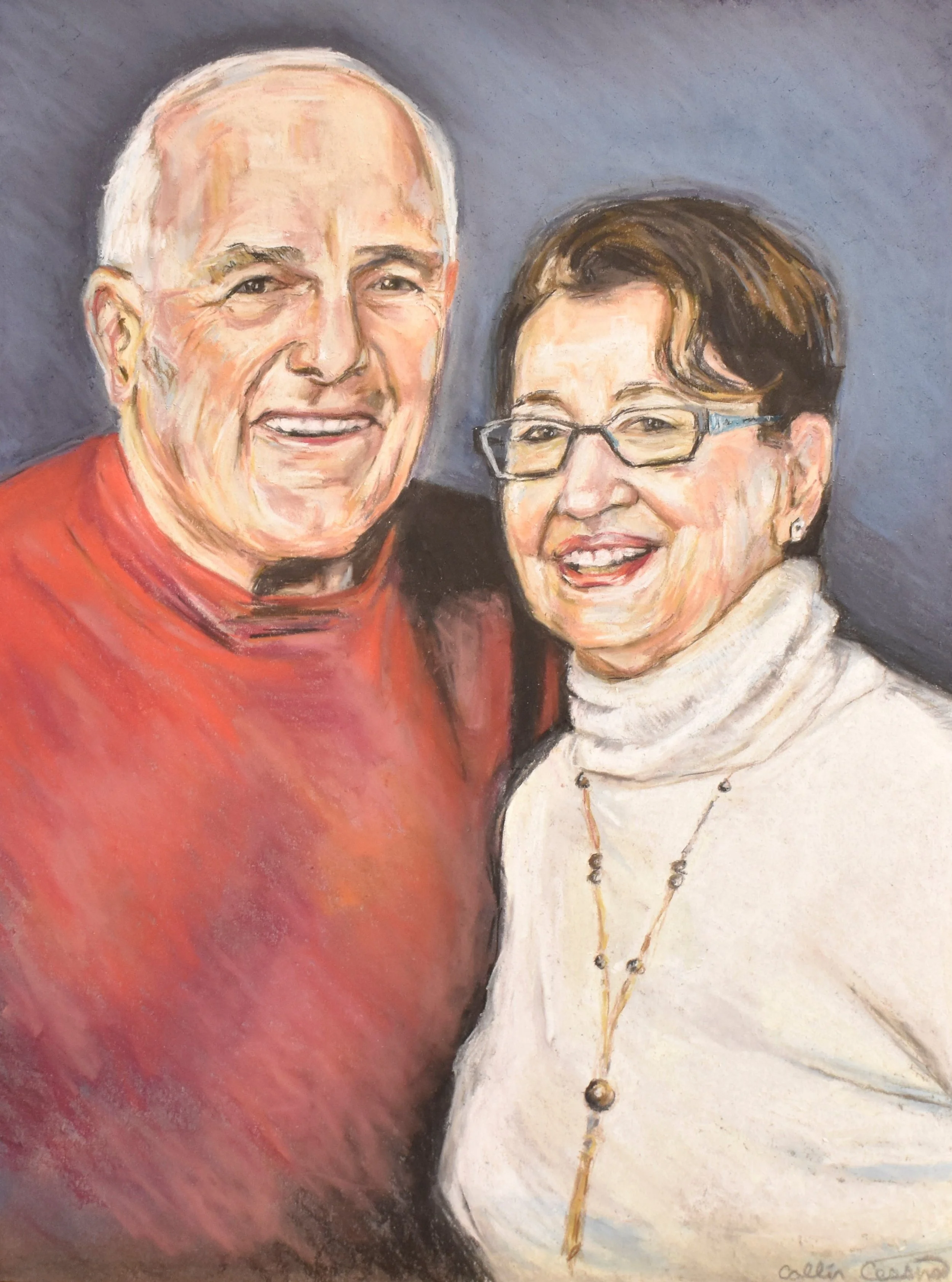 A painted portrait of an elderly man with white hair and a woman wearing glasses, both smiling, in a close-up shot.