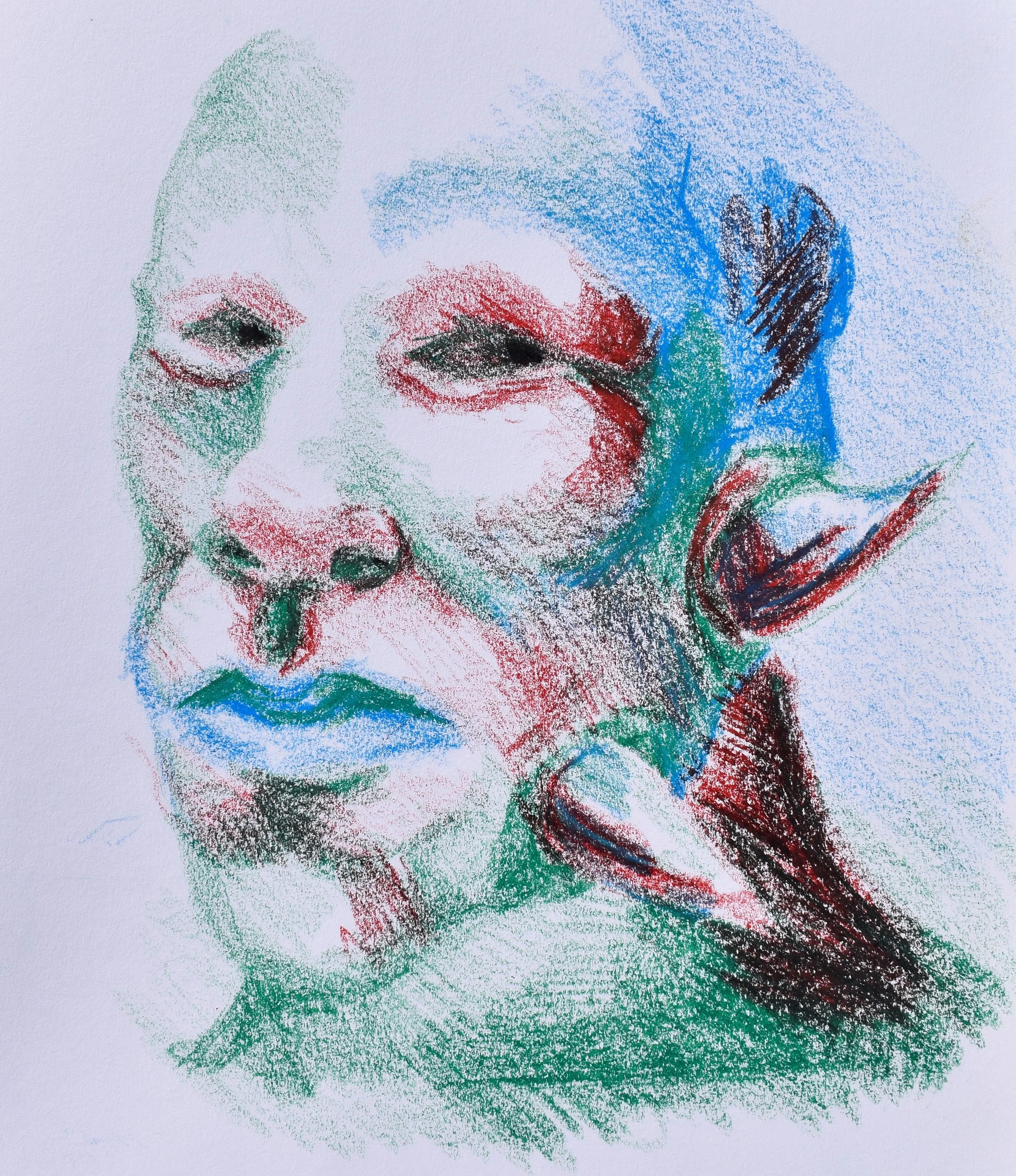 A colorful sketch of a person's face with a contemplative expression, using red, green, blue, and black strokes.