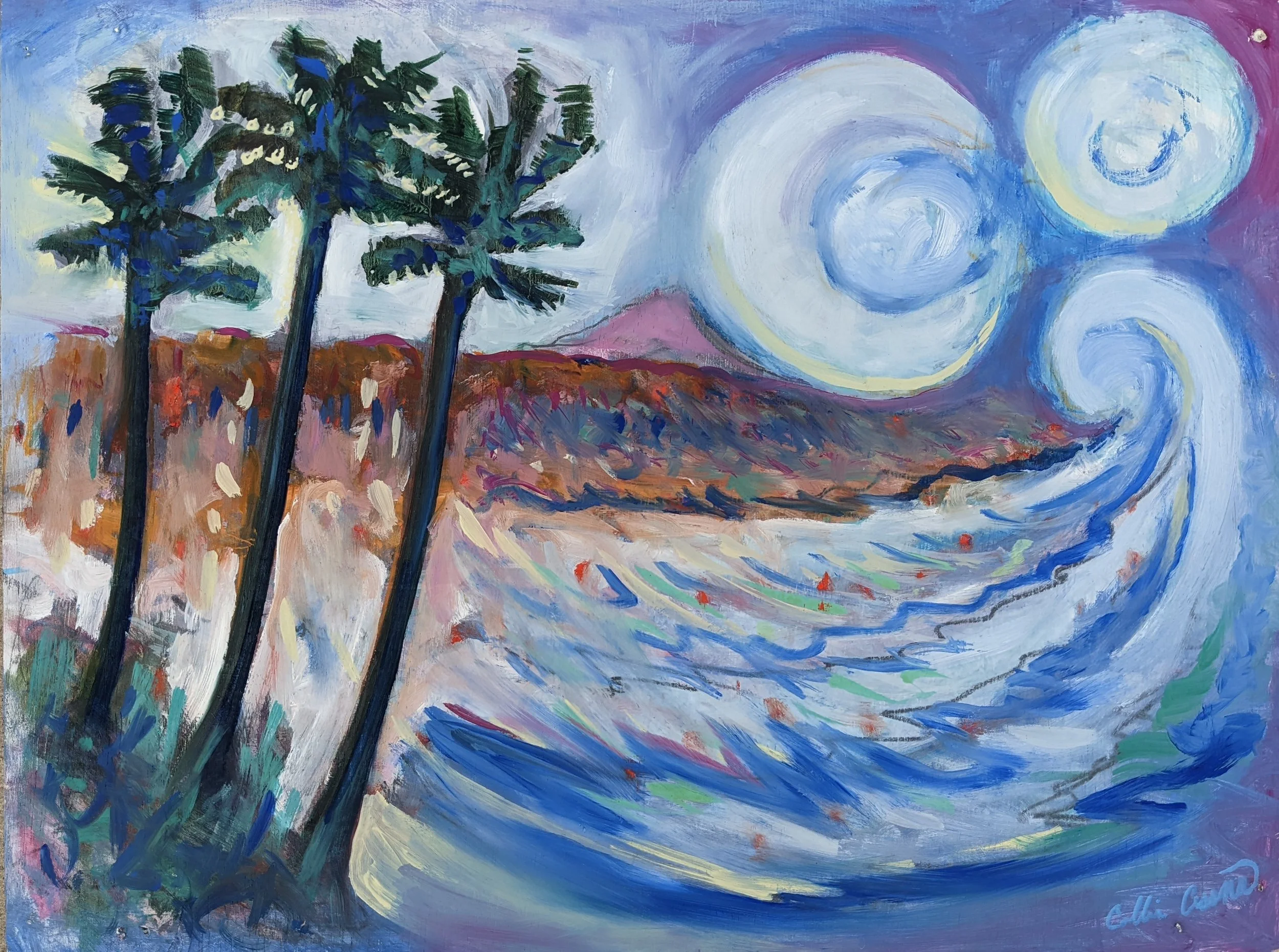 An abstract painting of a beach scene with three palm trees on the left, a wave in the foreground, and a sky with three swirling moons or suns.