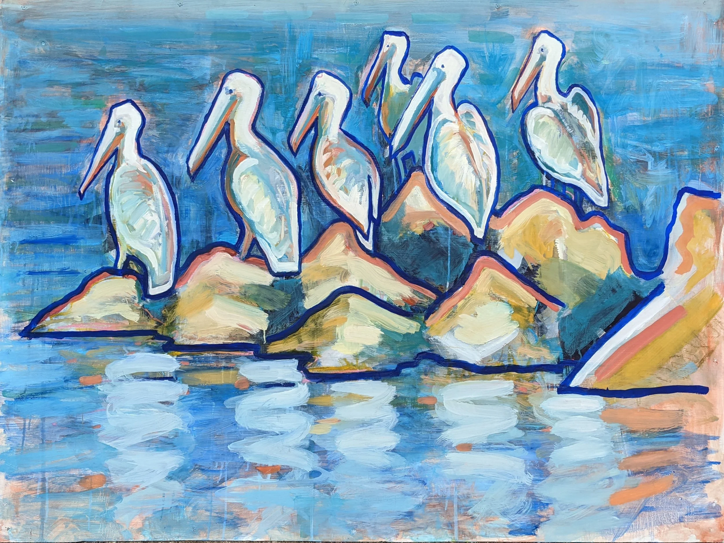 Abstract painting of seven white herons standing on rocks and a dock by water, with blue and pastel colors