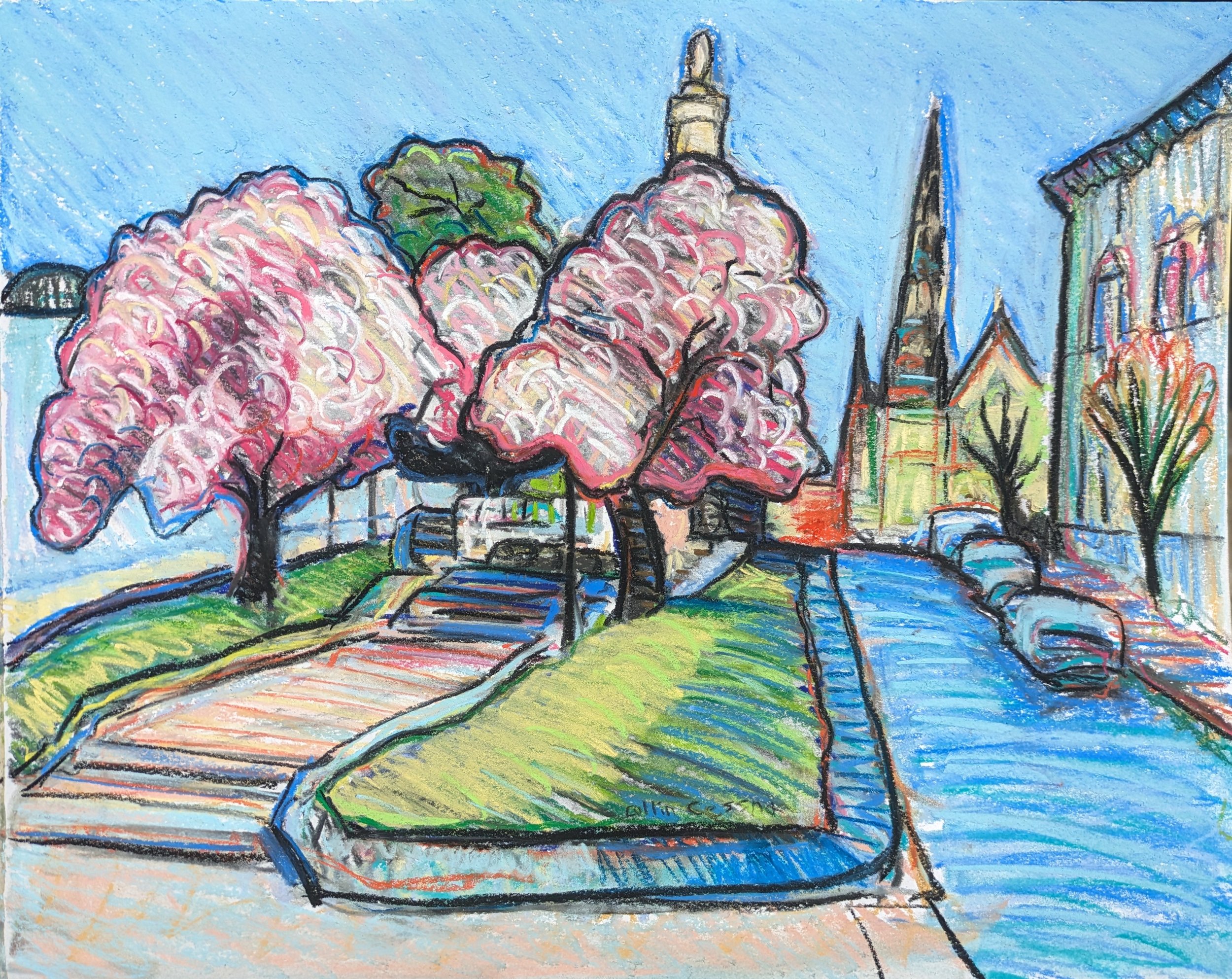 Collin Cessna Baltimore Artist paints blooming magnolias in Mt. Vernon Spring 2025 pink trees city