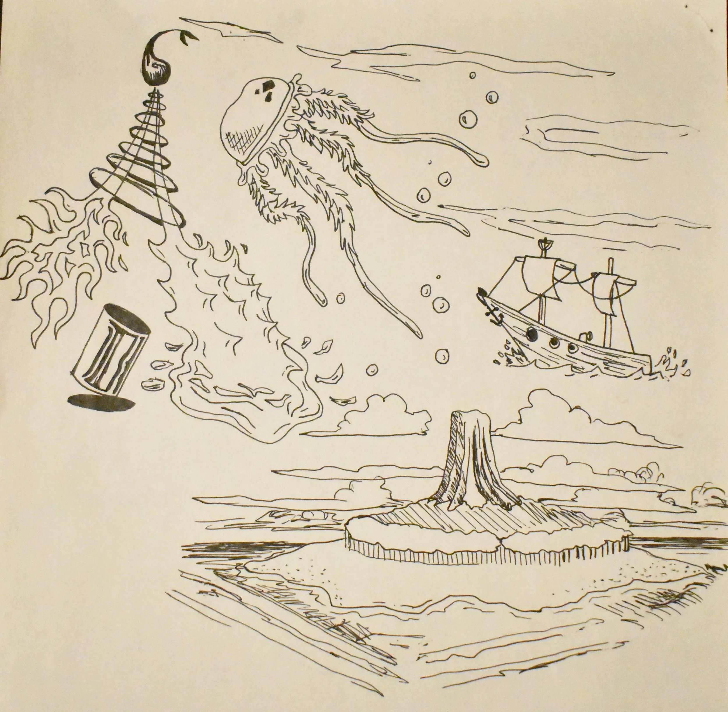 A hand-drawn illustration featuring a tree stump in the foreground, a sailing ship in the middle, a floating jellyfish-like creature, a trash can, and a twisted object resembling a tower or antenna, all in black ink on a white background.